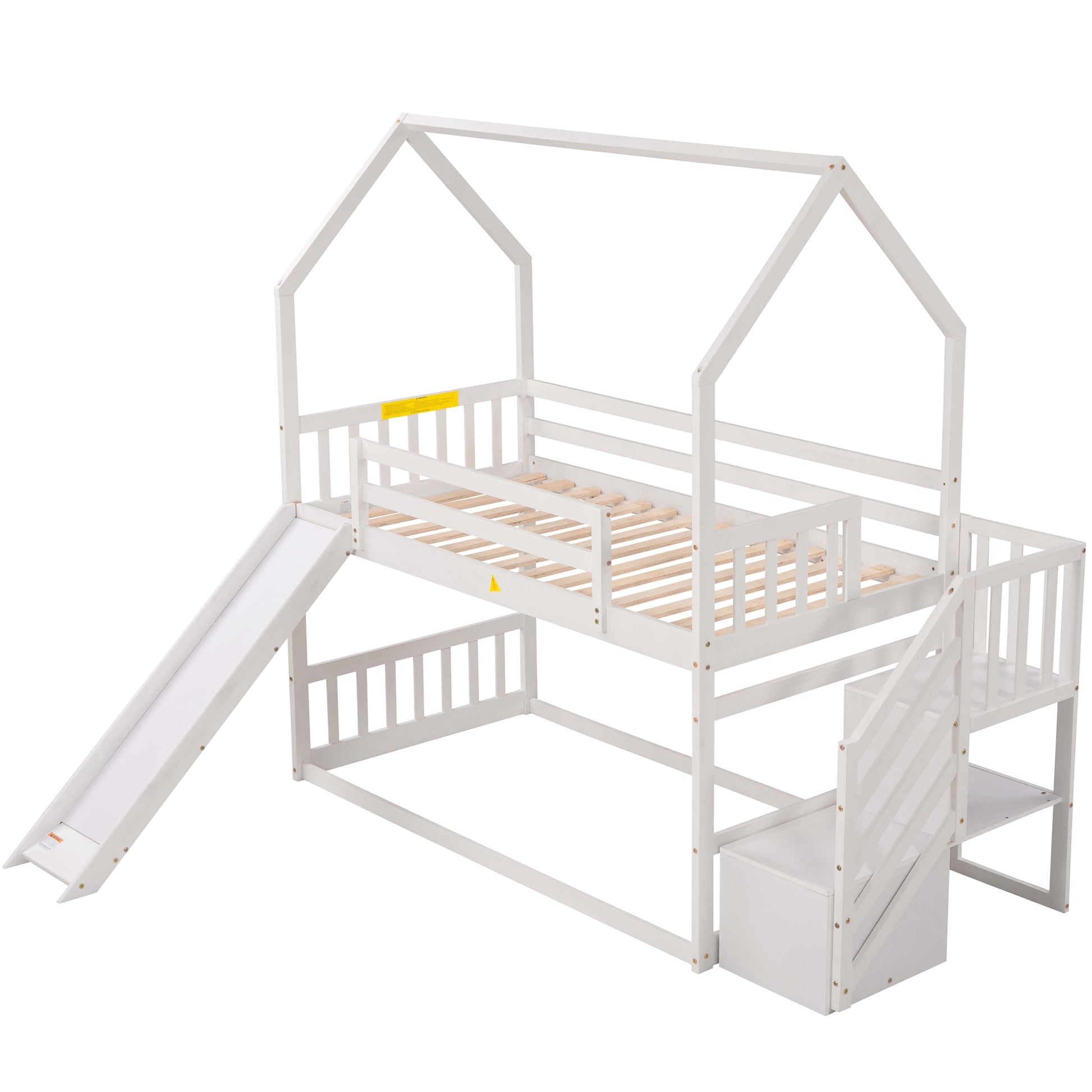 White wooden house bunk bed with slide for kids