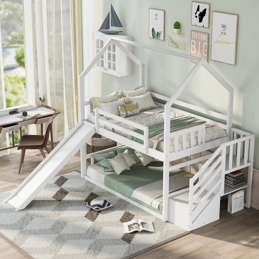 White wooden house bunk bed with slide for kids