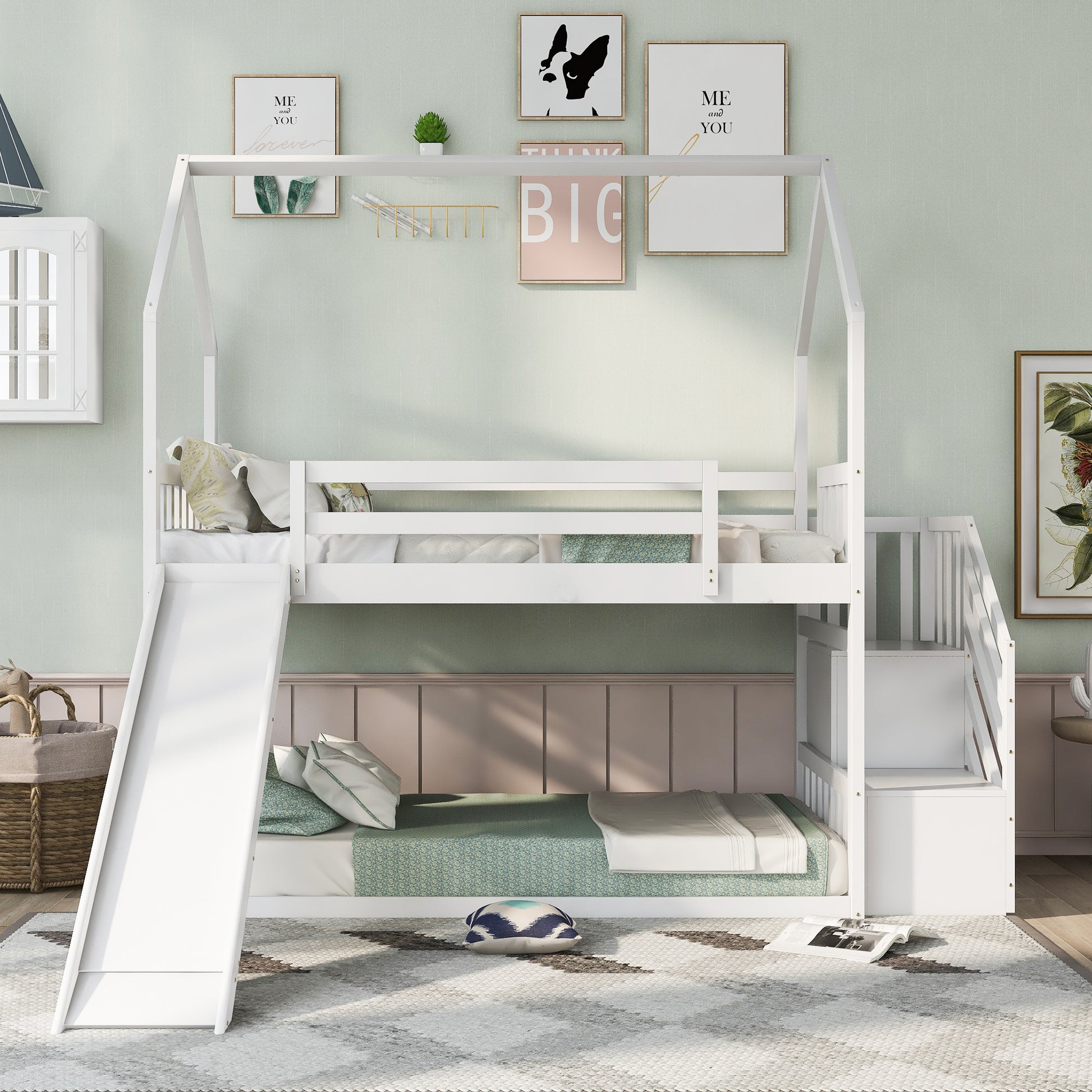 White wooden twin over twin bunk bed with slide and stairs