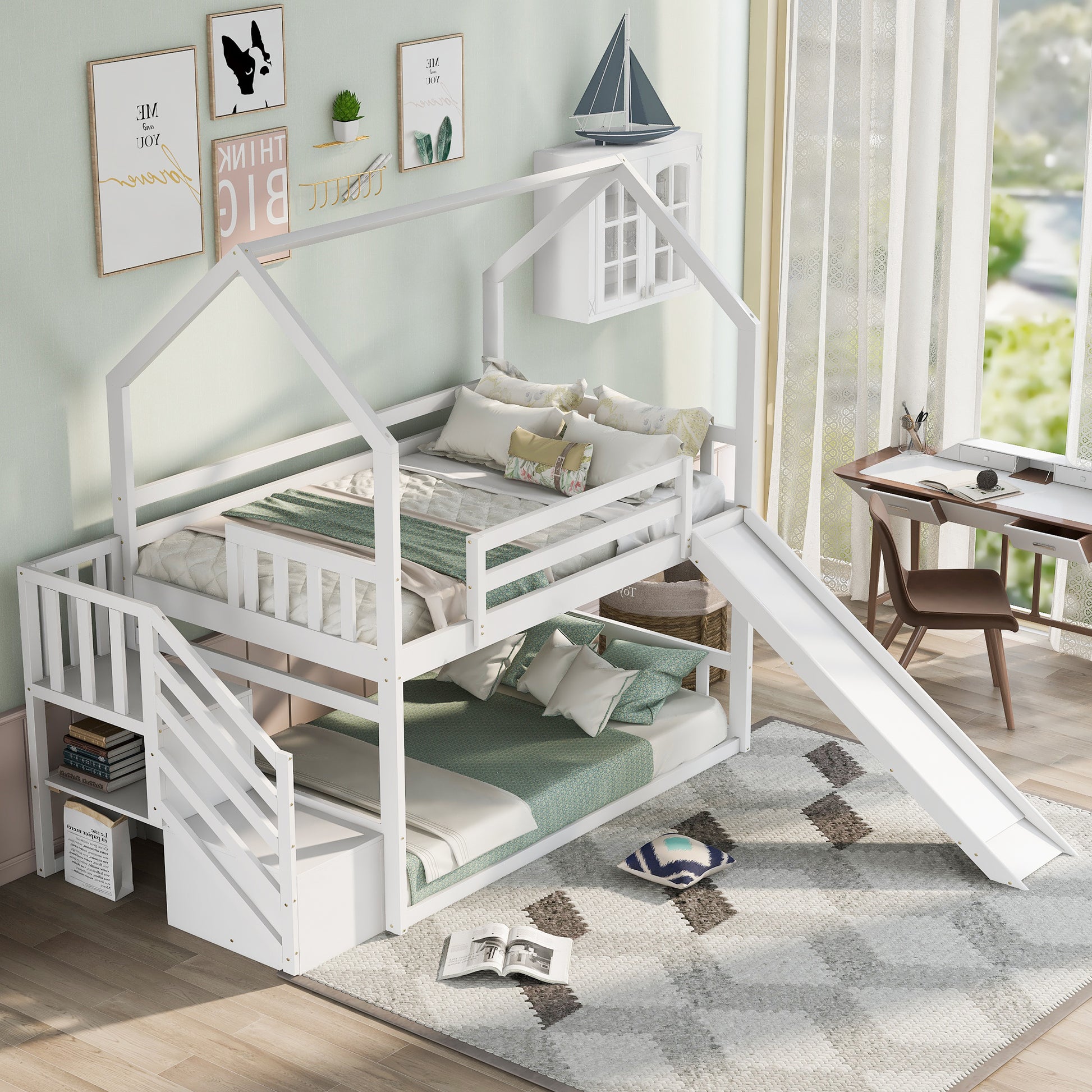 White wooden house bunk bed with slide and stairs