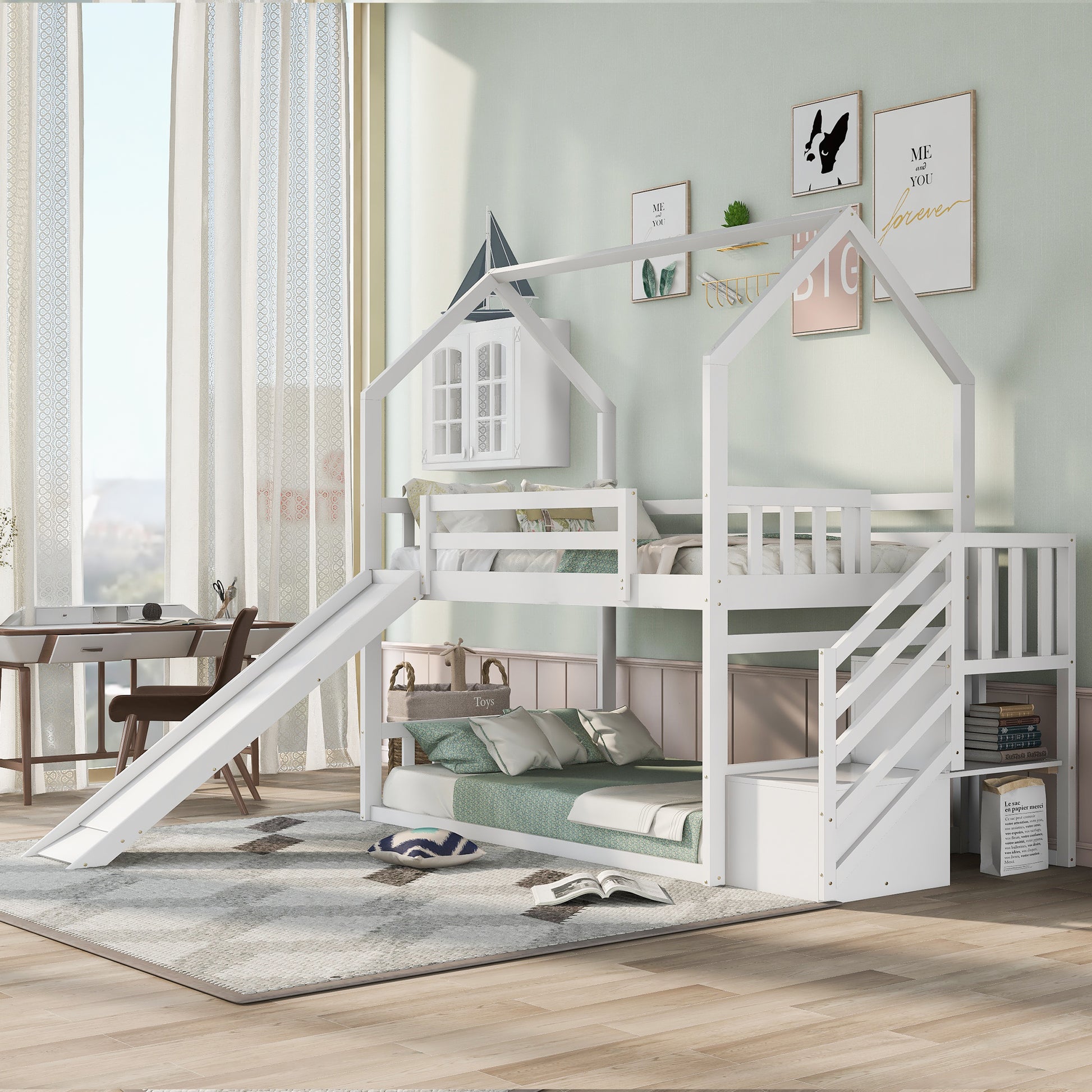 White wooden houseshaped bunk bed with slide for kids