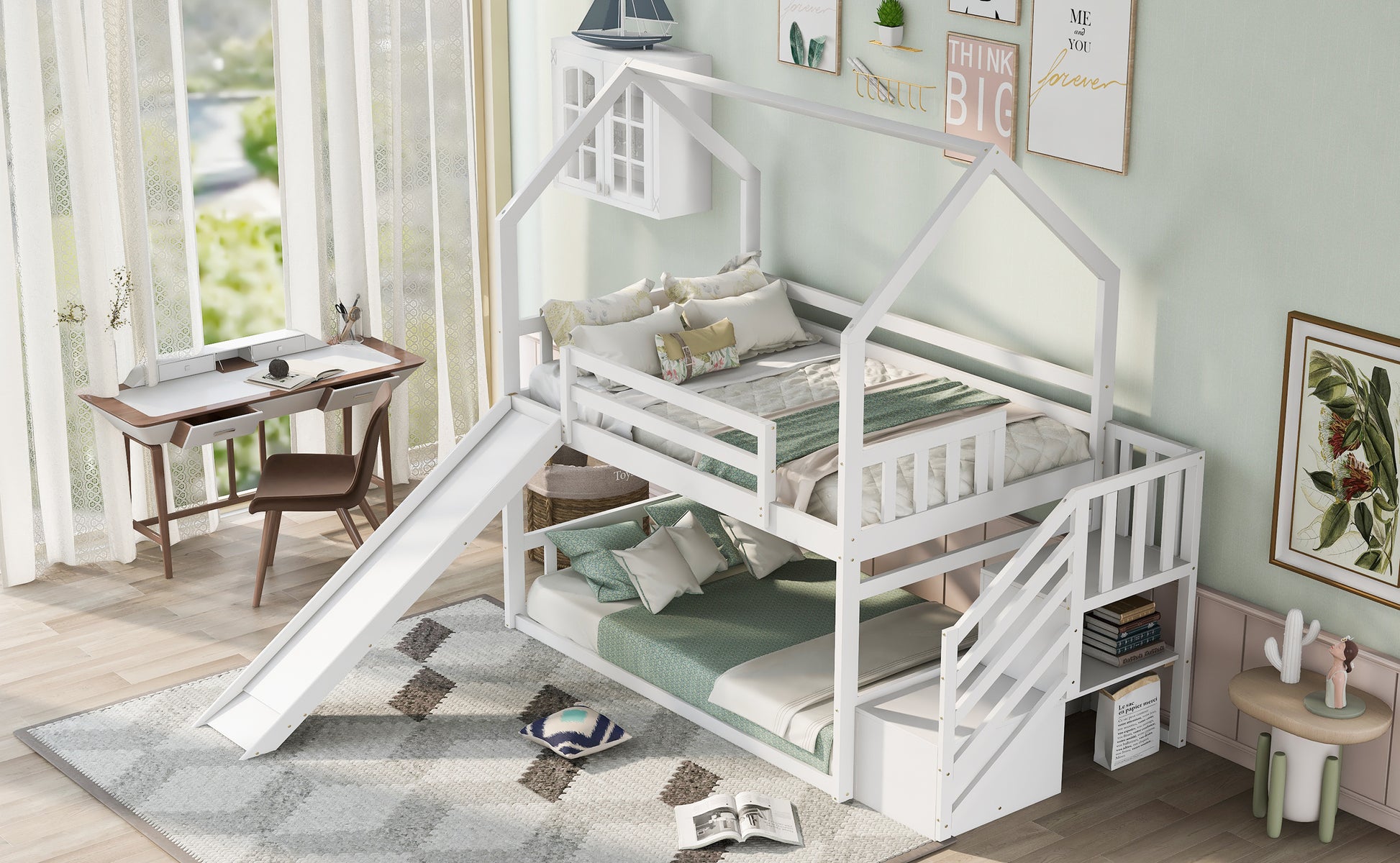 White wooden house bunk bed with slide for kids