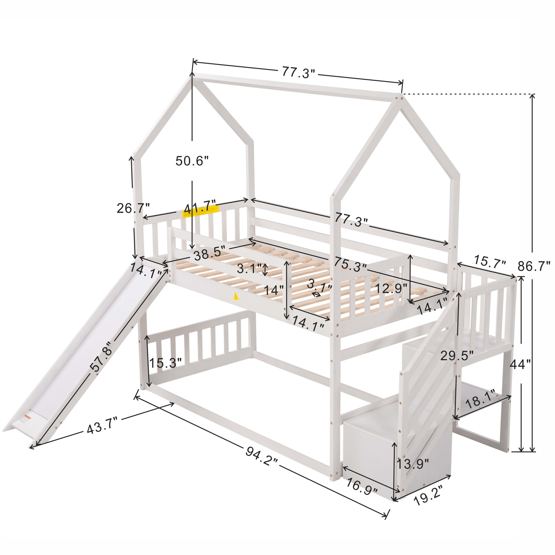 White wooden house bunk bed with slide and stairs