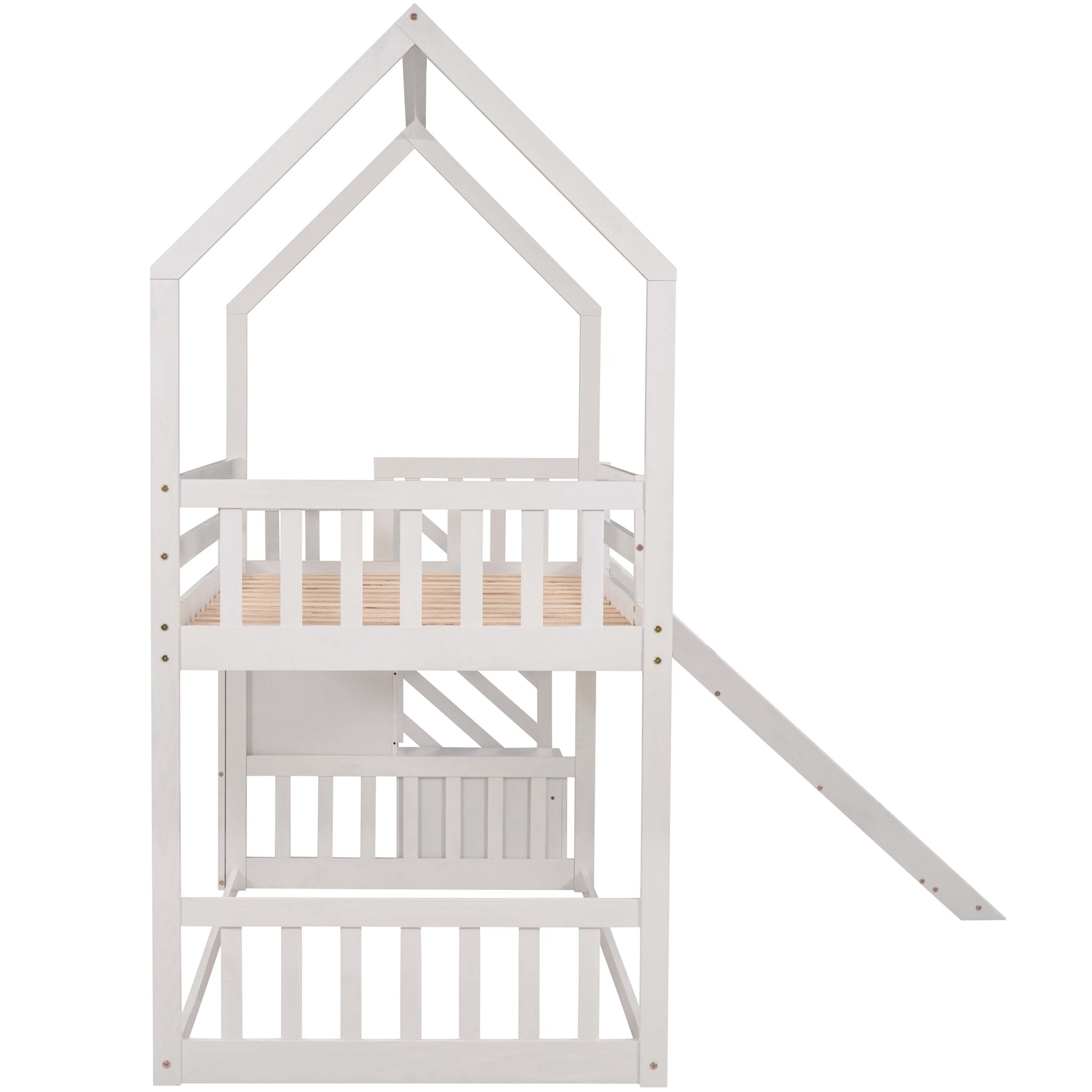 White wooden house bed frame with slide for kids