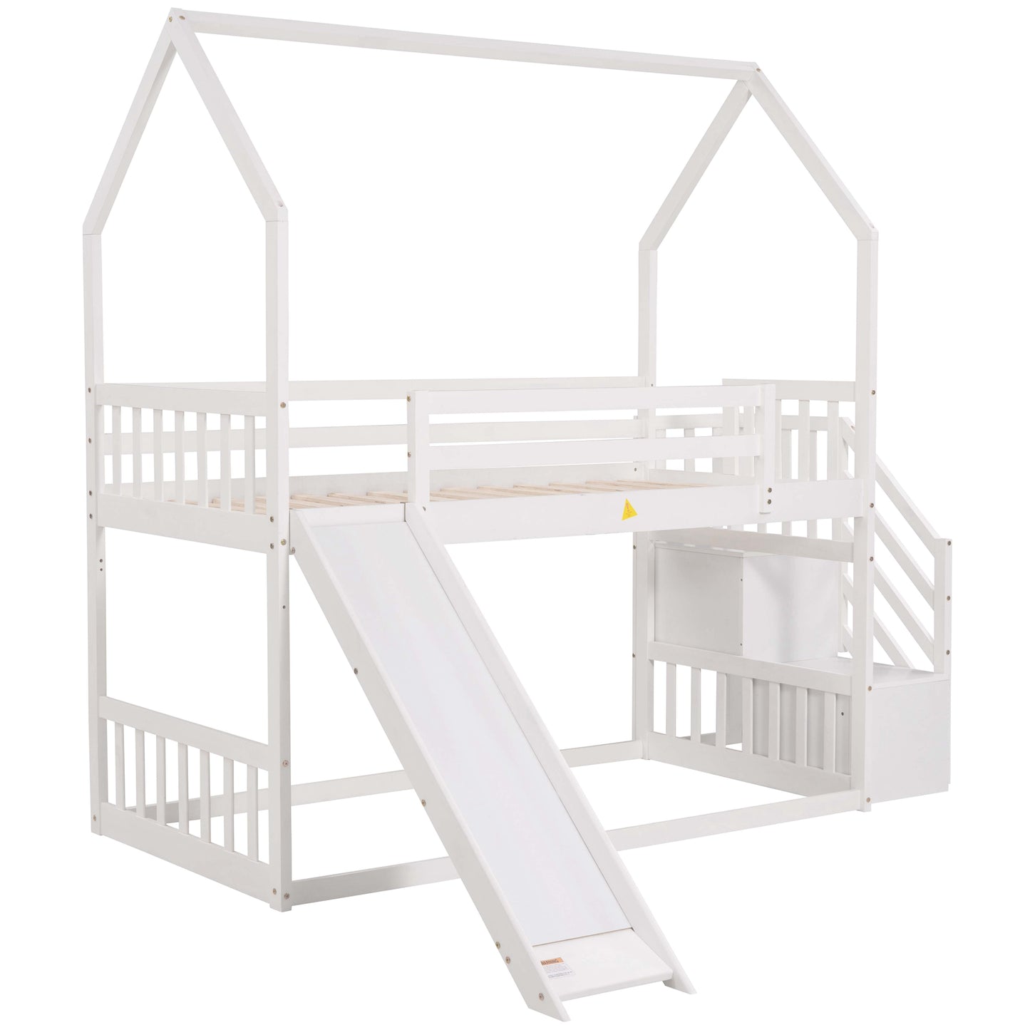 White wooden bunk bed with slide and stairs