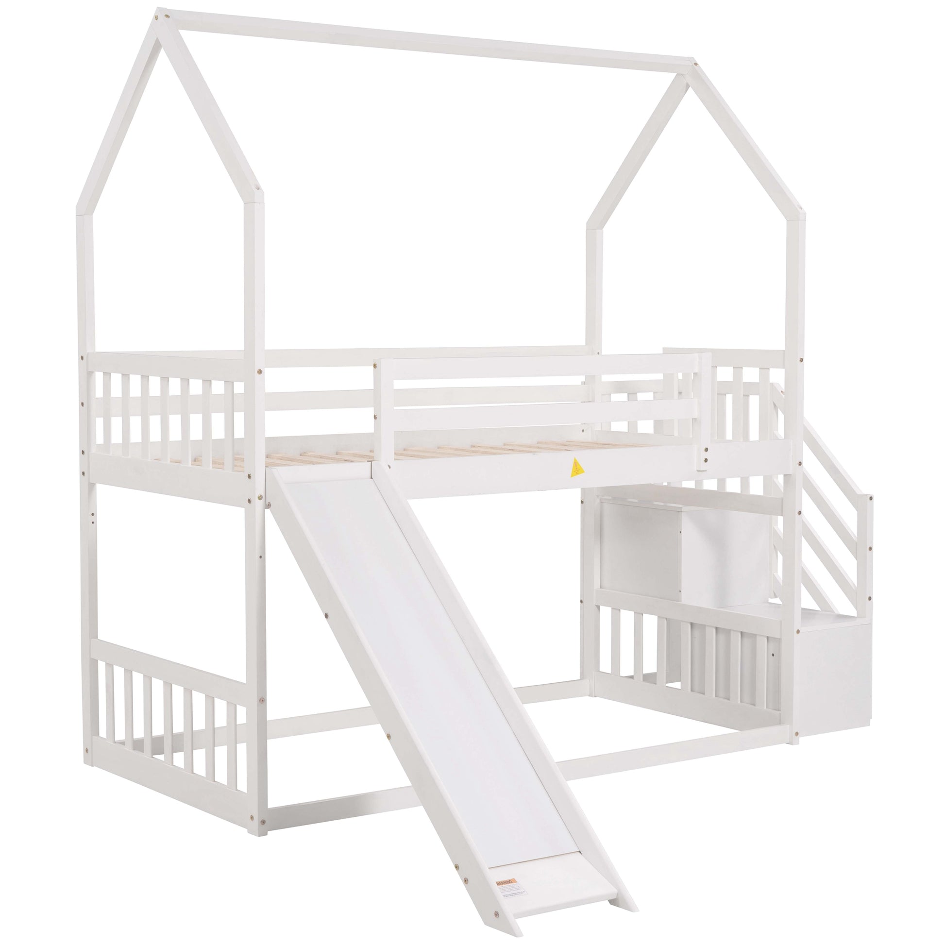 White wooden bunk bed with slide and stairs