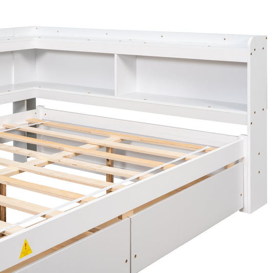 TREATLIFE HOME Full Bed with L-Shaped Bookcases and Storage Drawers, Space-Optimizing Design, Modern White