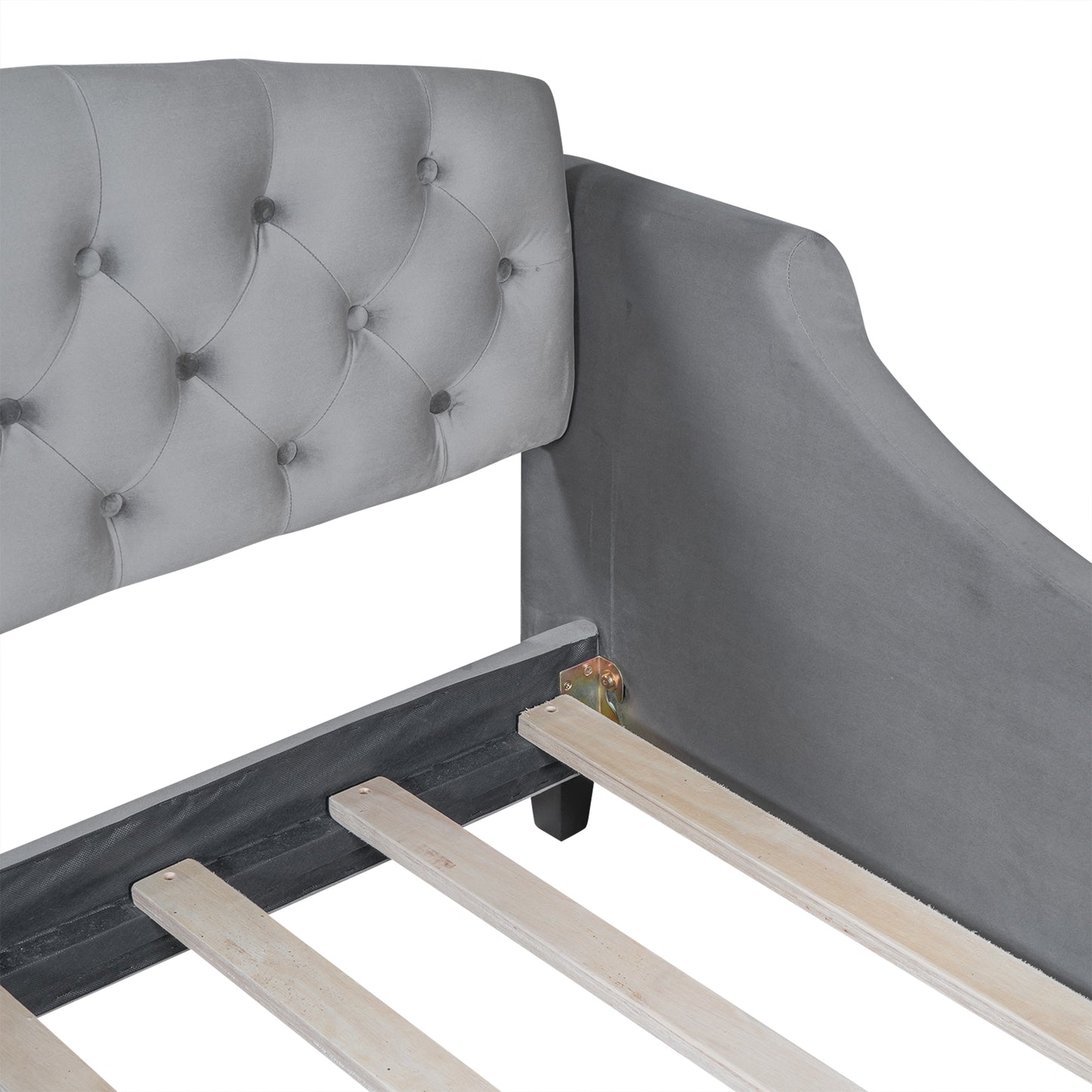 Gray velvet daybed with tufted headboard and sturdy wooden slats