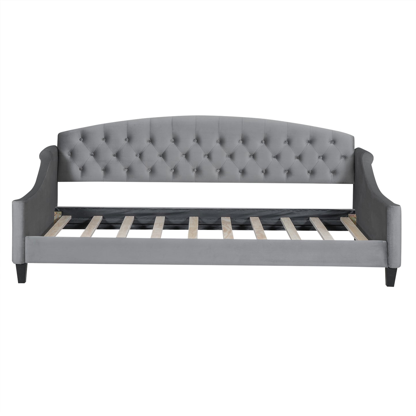 Gray velvet tufted daybed with slatted support