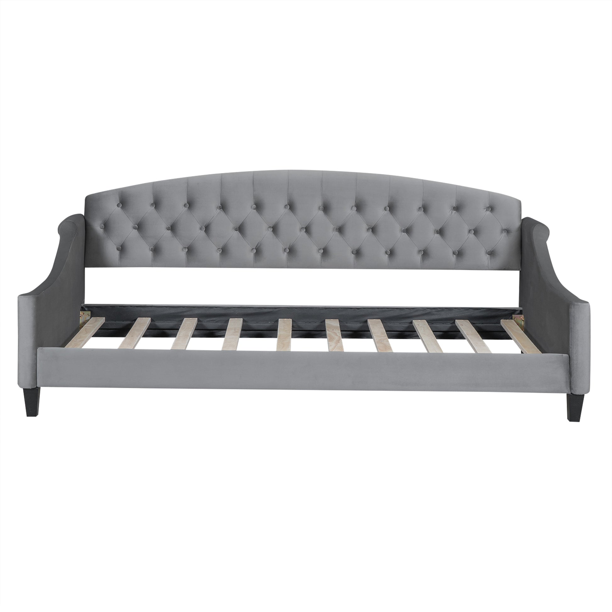 Gray velvet tufted daybed with slatted support