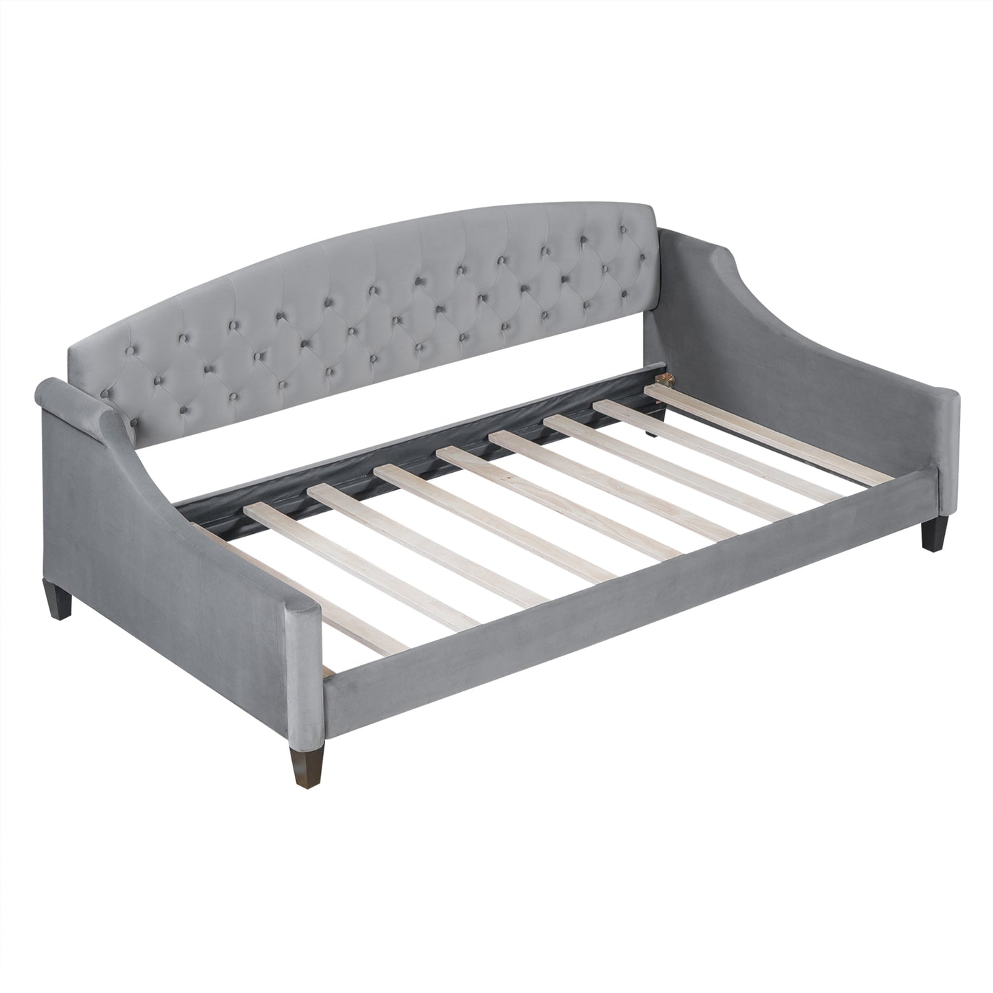 Tufted grey velvet daybed frame with curved arms and wooden slats