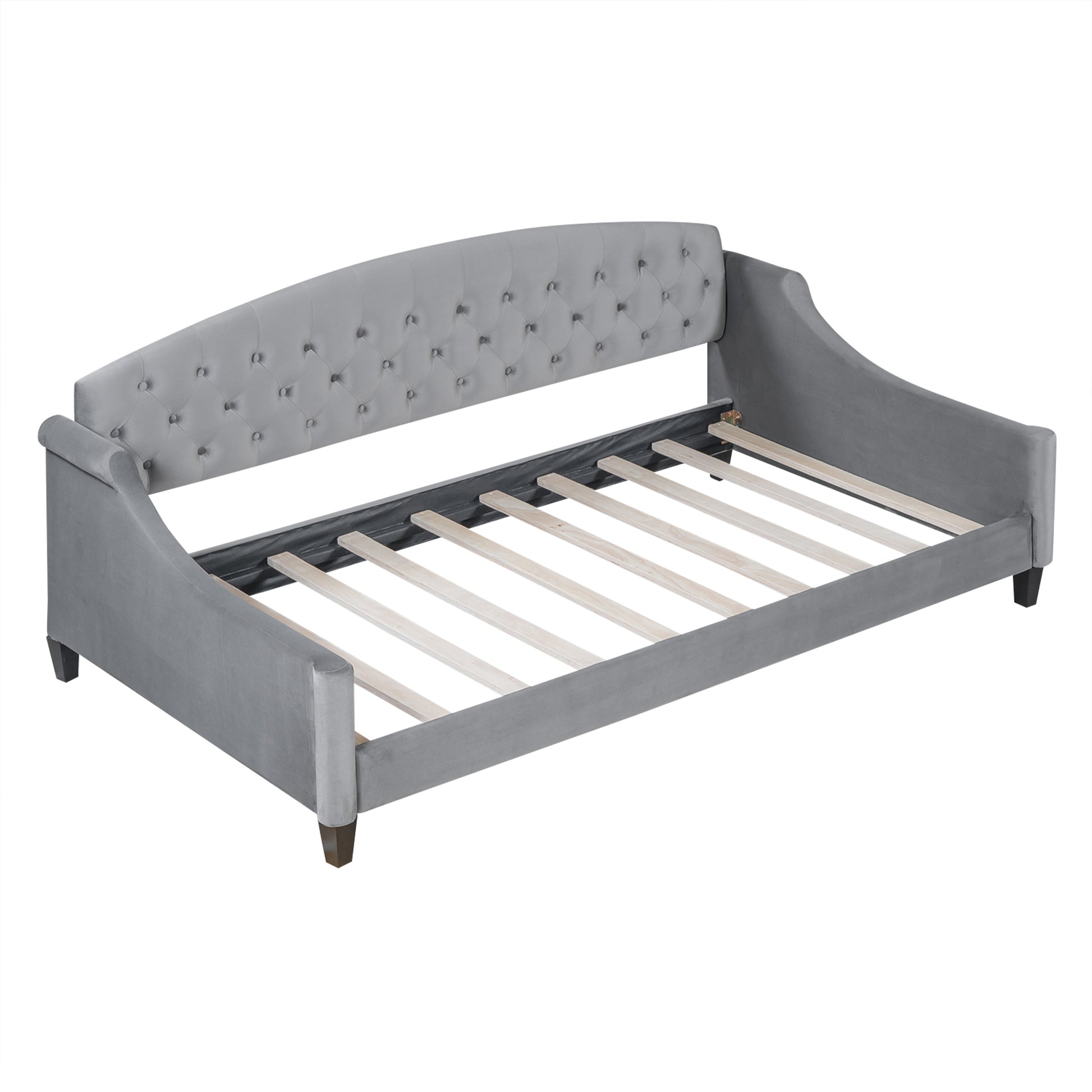 Tufted grey velvet daybed frame with curved arms and wooden slats