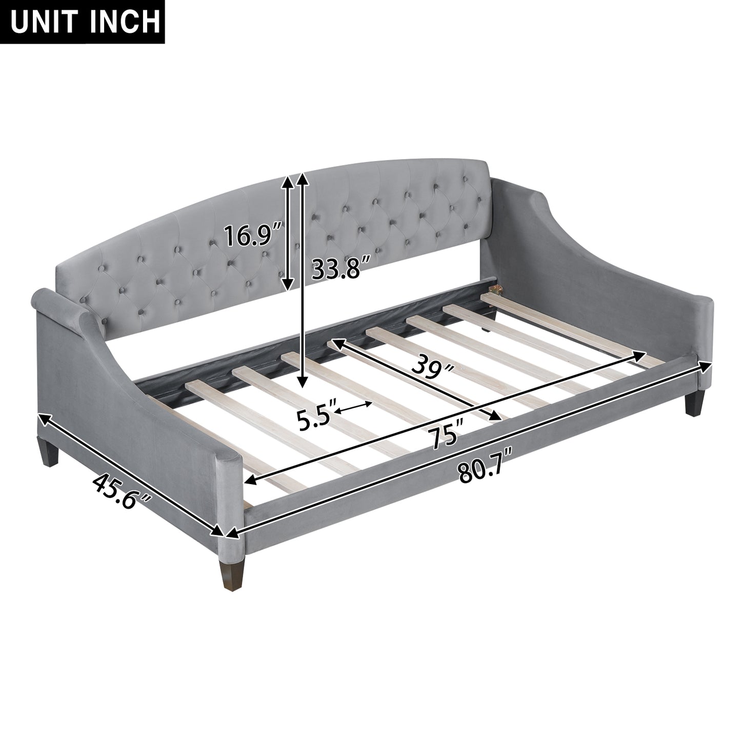 Grey velvet tufted daybed frame with dimension labels
