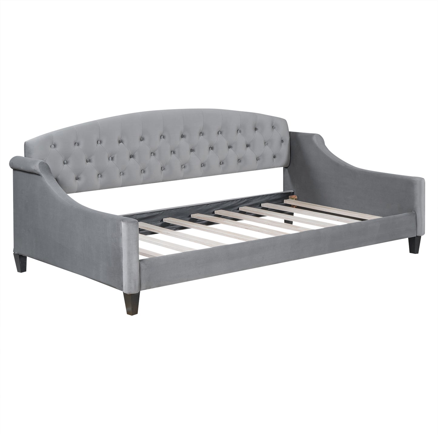 Gray velvet tufted daybed with arched back and rolled arms