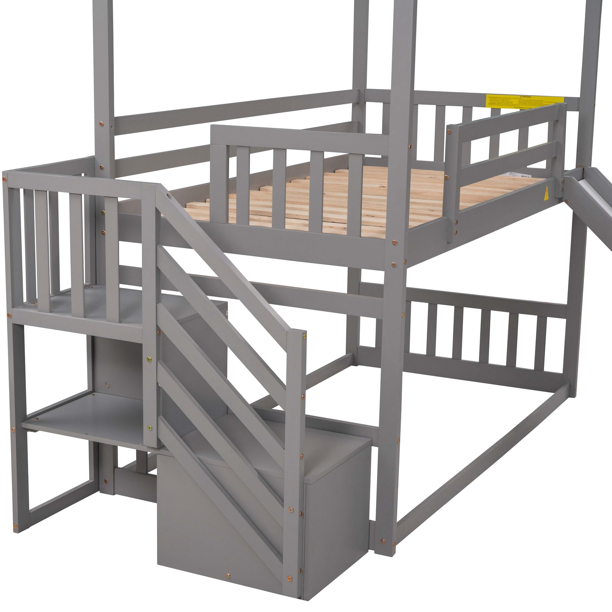 Gray wooden bunk bed with stairs and slide for kids
