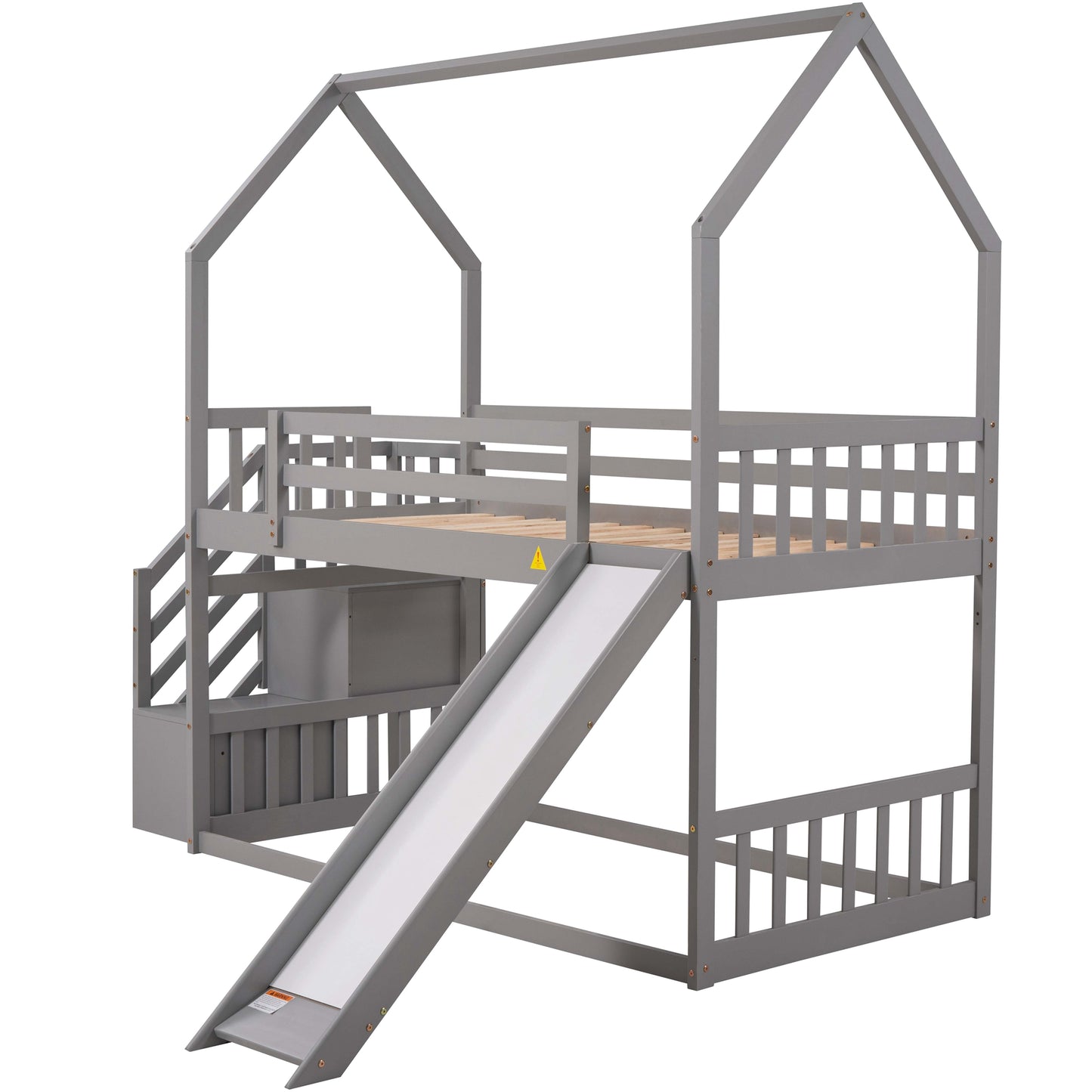 Grey wooden house loft bed with slide and stairs