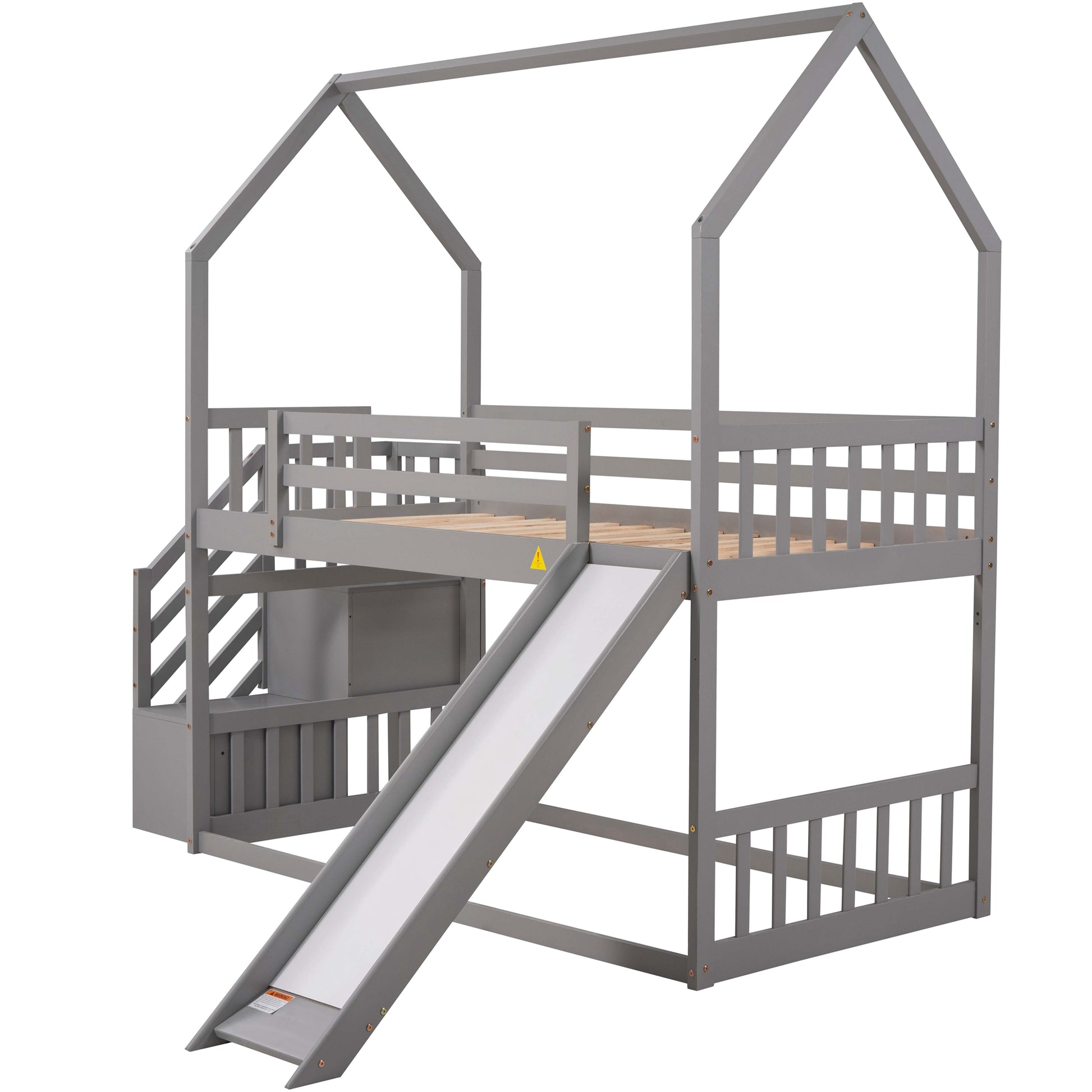 Grey wooden house loft bed with slide and stairs