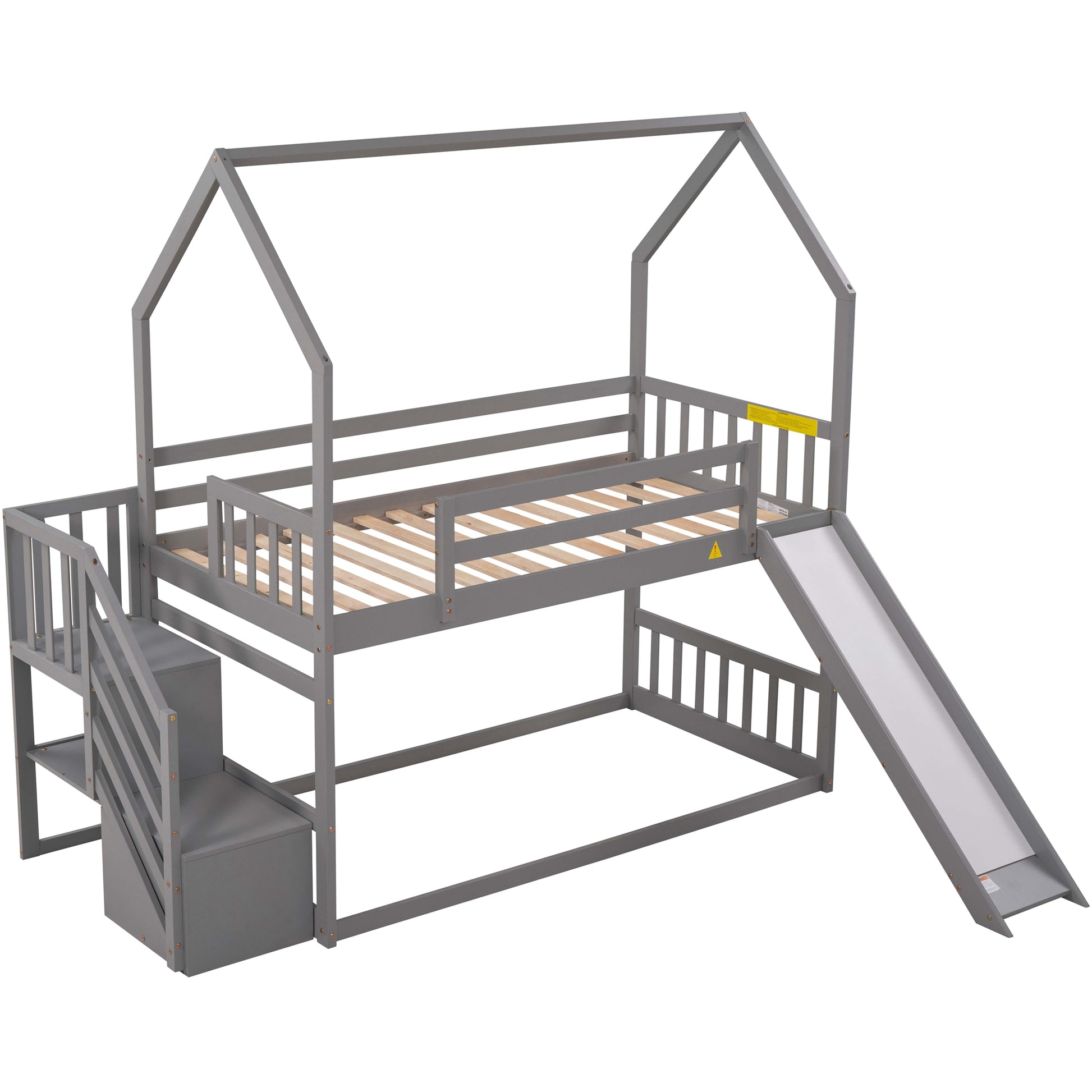 Gray wooden house bunk bed with slide and stairs for kids