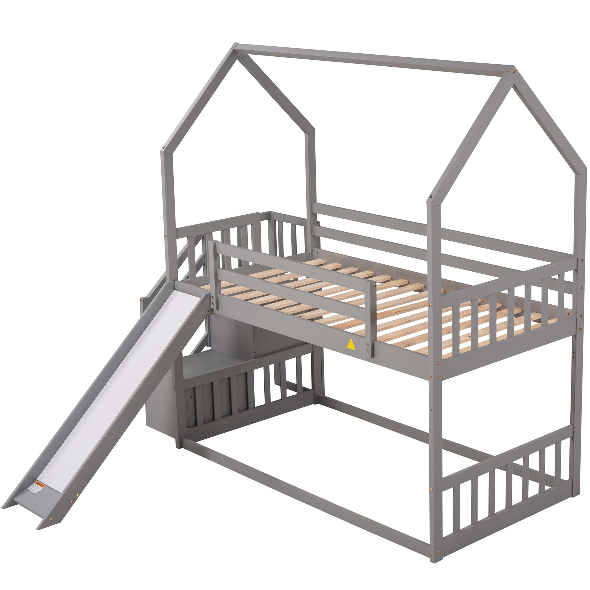 Gray wooden houseshaped loft bed with a slide