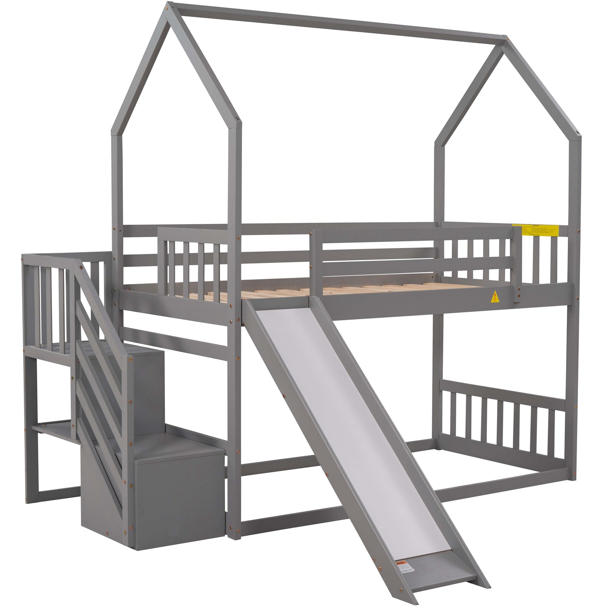 Gray wooden loft bed with slide for kids