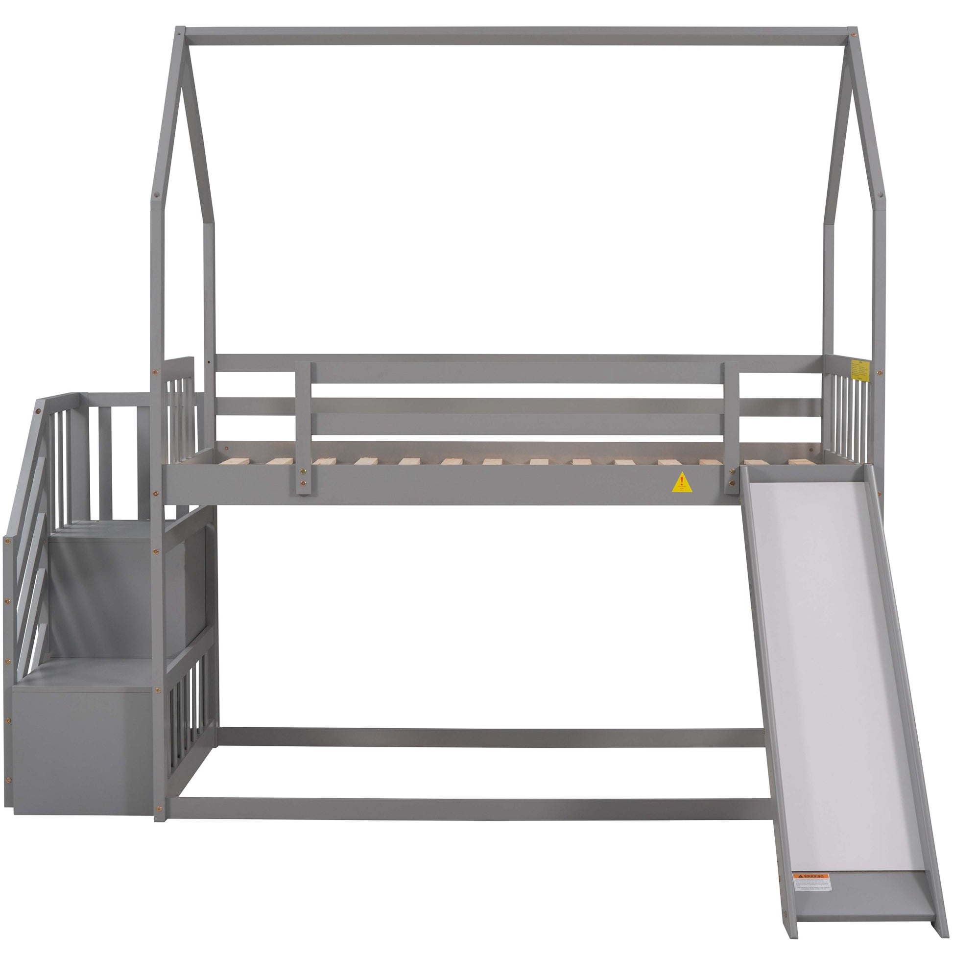 Gray wooden house loft bed with stairs and slide
