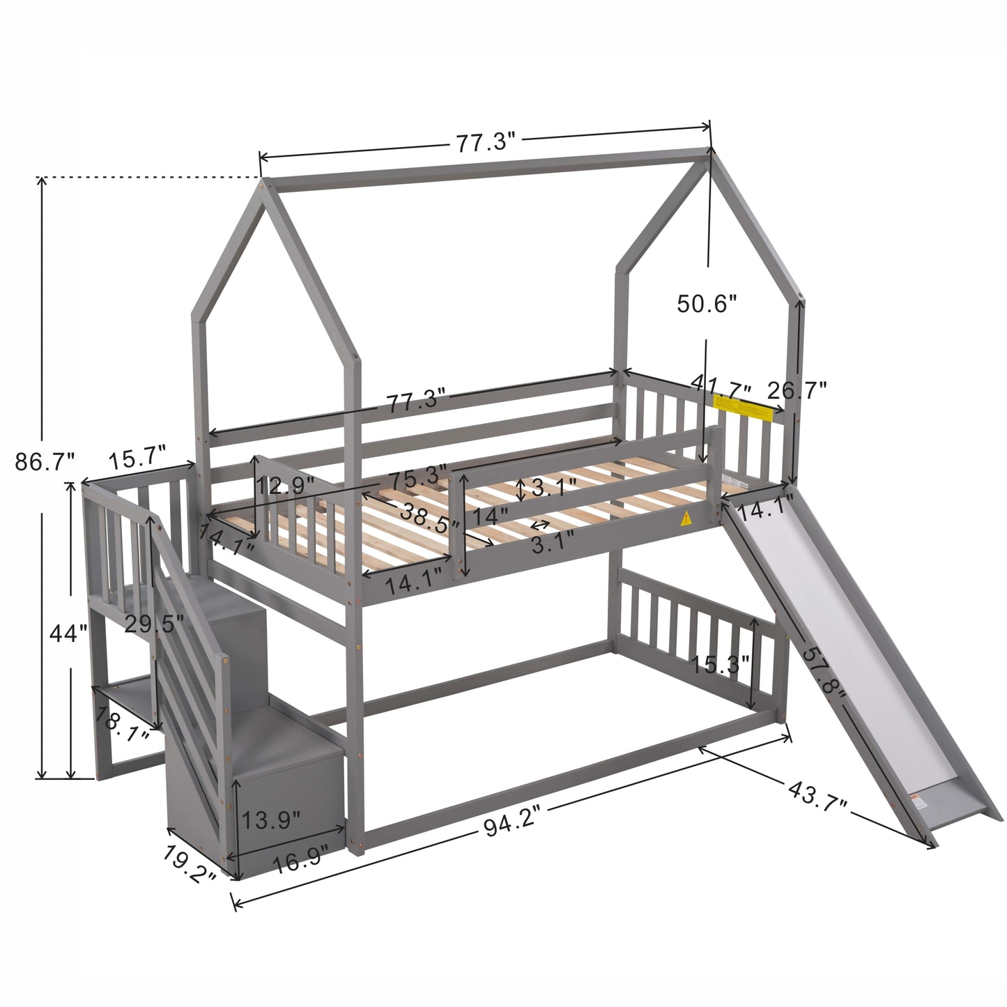 Gray wooden bunk bed with a slide and stairs