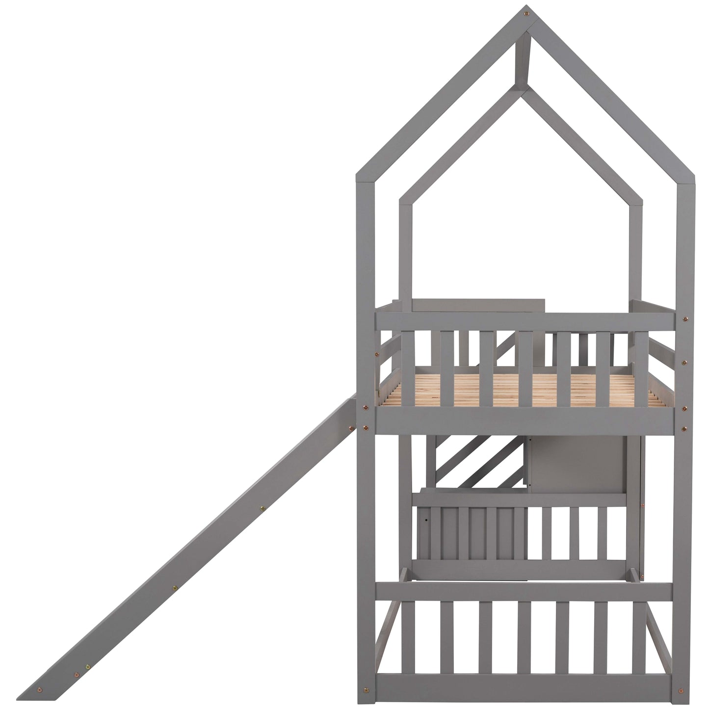 Gray wooden house loft bed with slide for kids