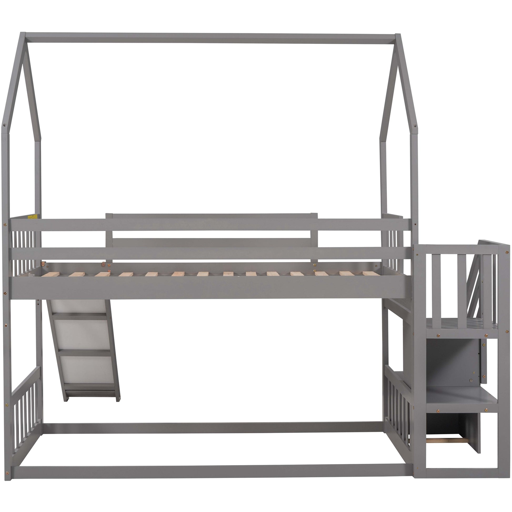 Gray wooden house bunk bed with slide and stairs