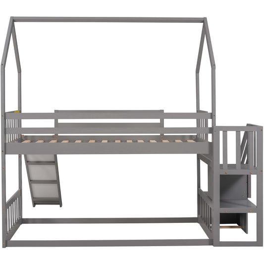 Gray wooden house bunk bed with slide and stairs