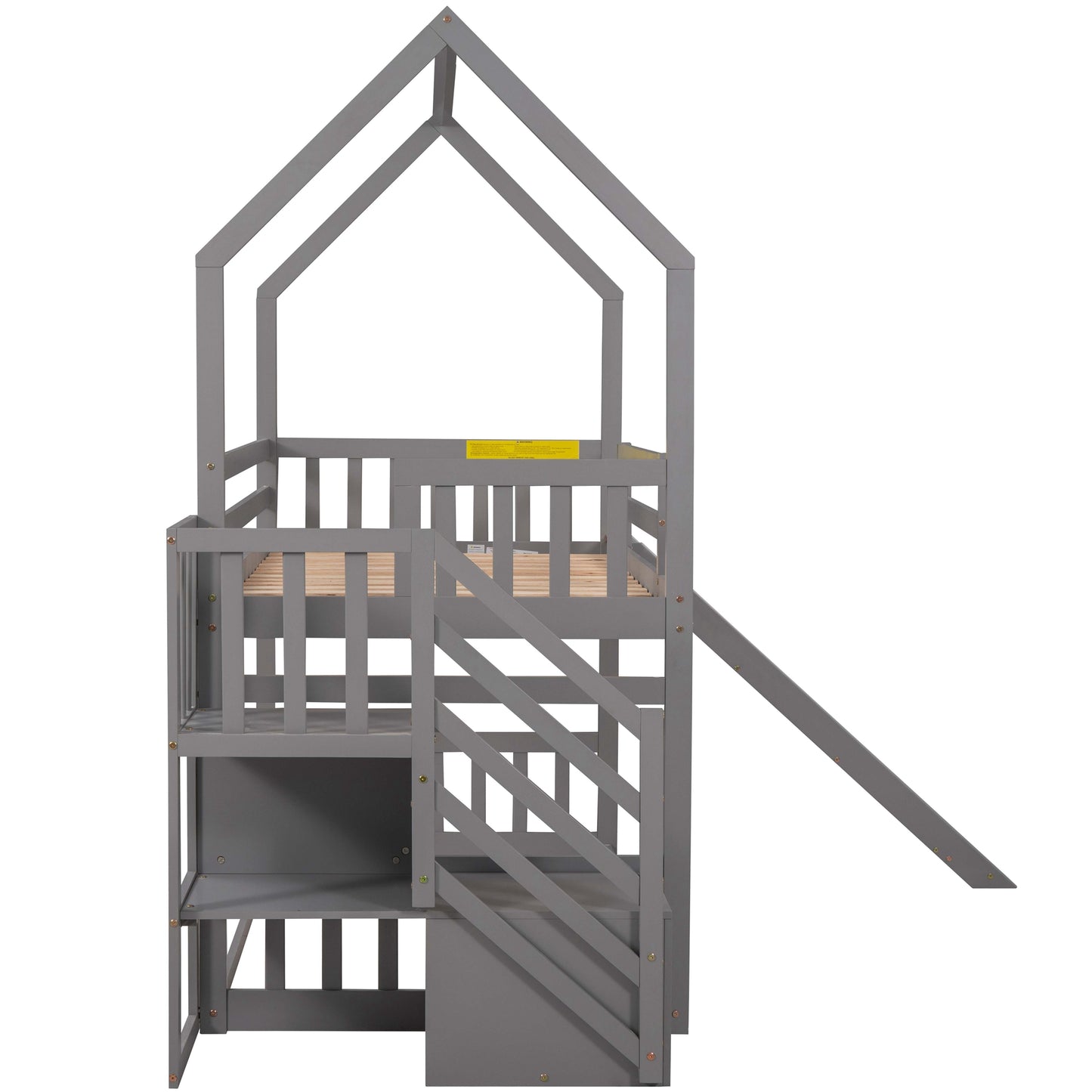 Gray wooden kids loft bed with slide