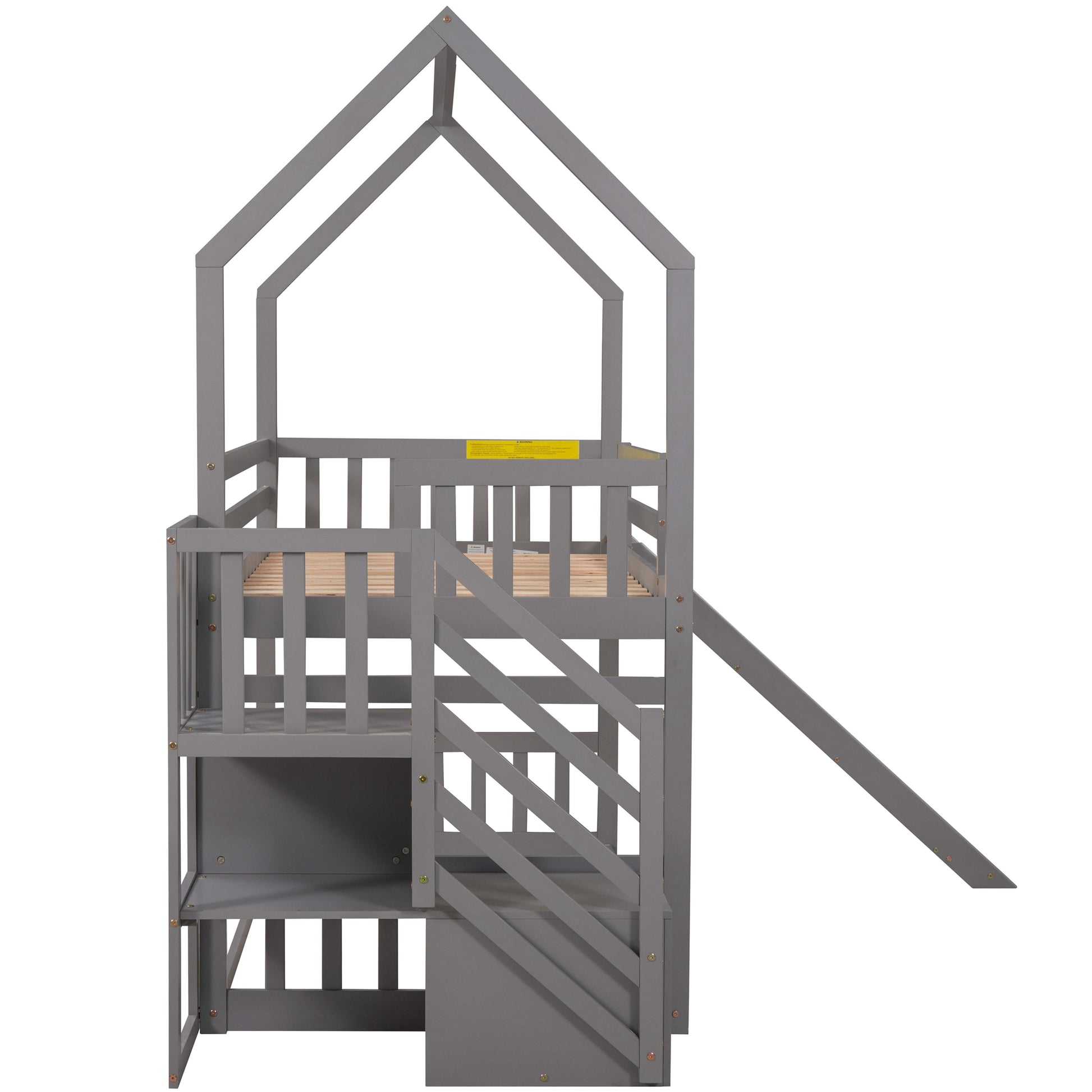 Gray wooden kids loft bed with slide