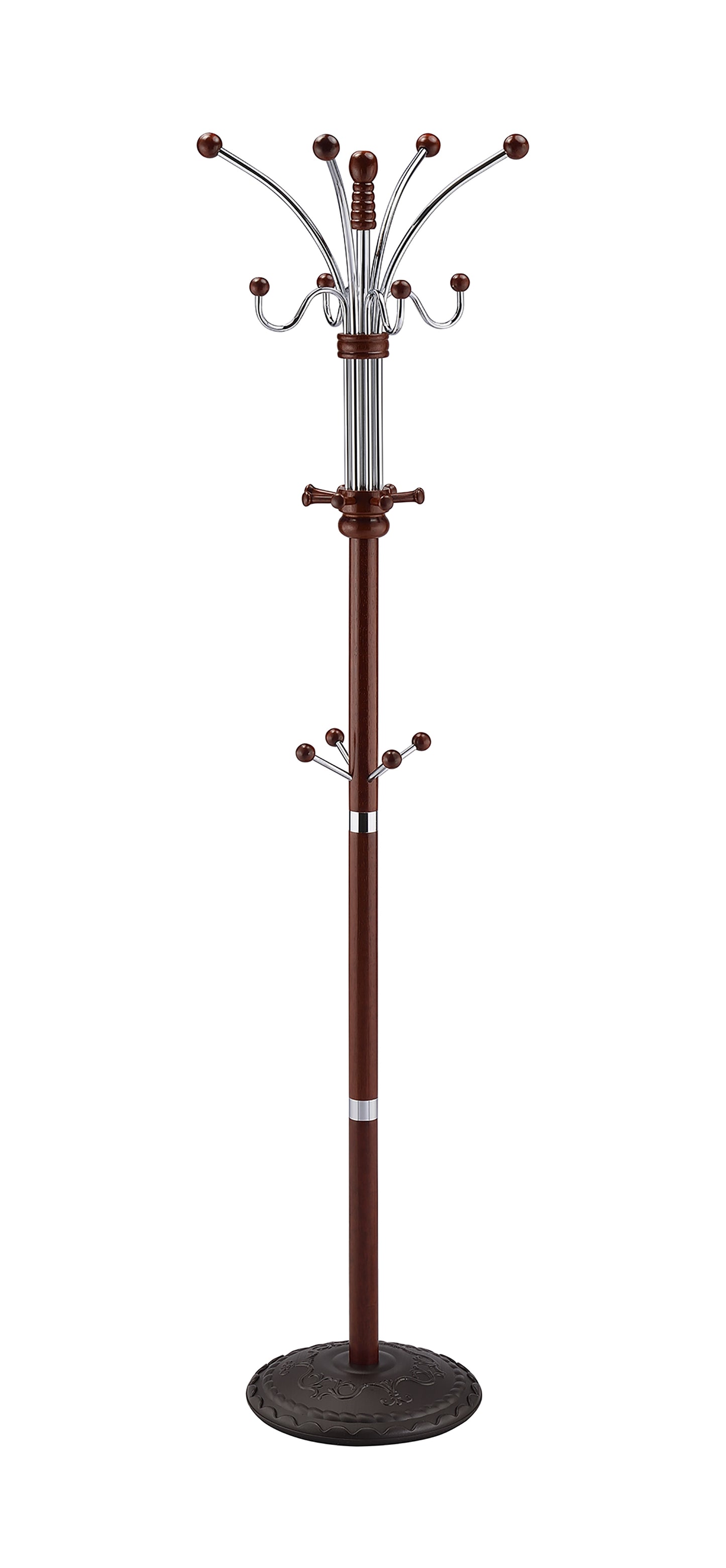 Wooden coat rack with metal hooks
