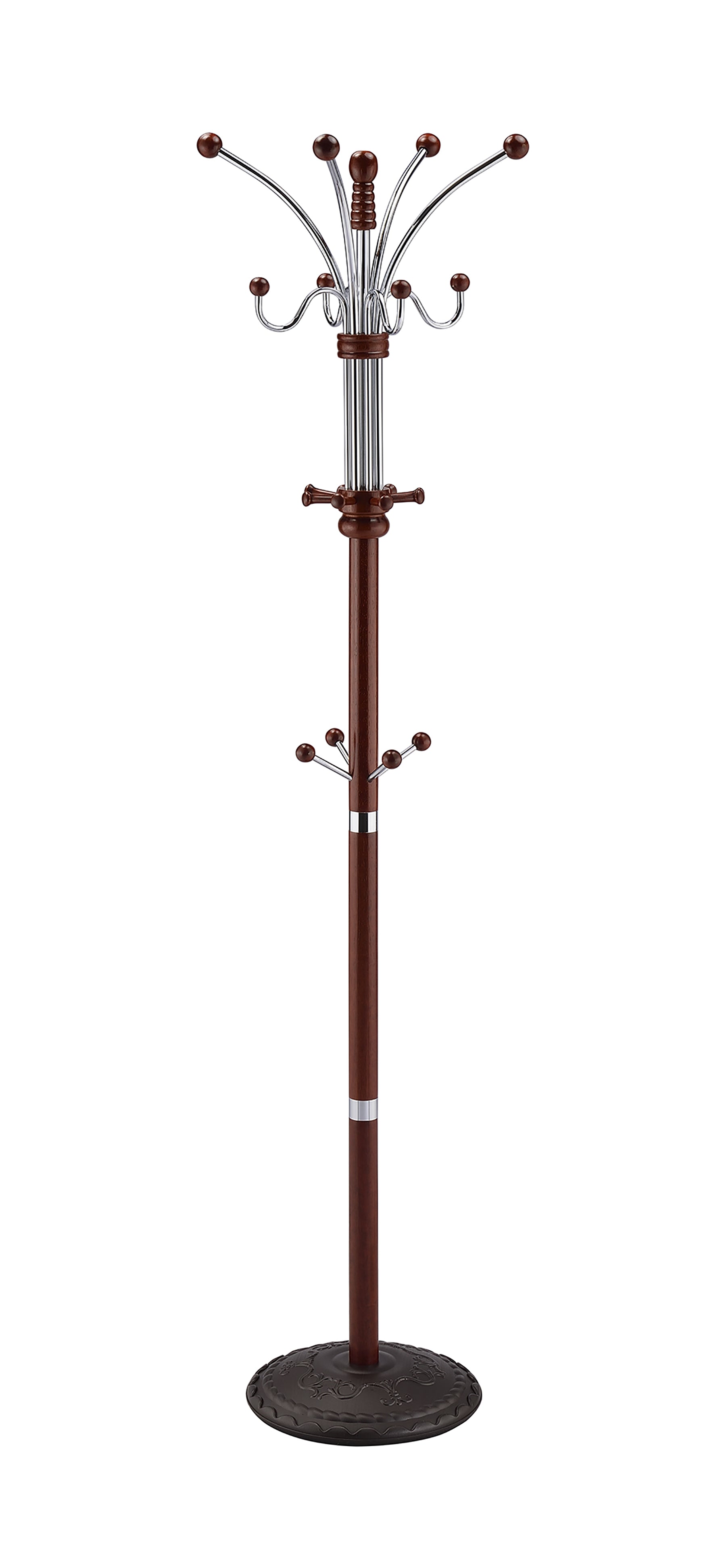 Wooden coat rack with metal hooks