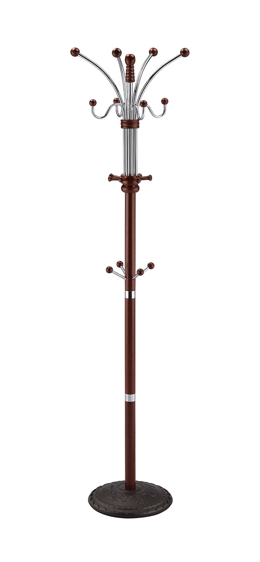 Wooden coat rack with metal hooks