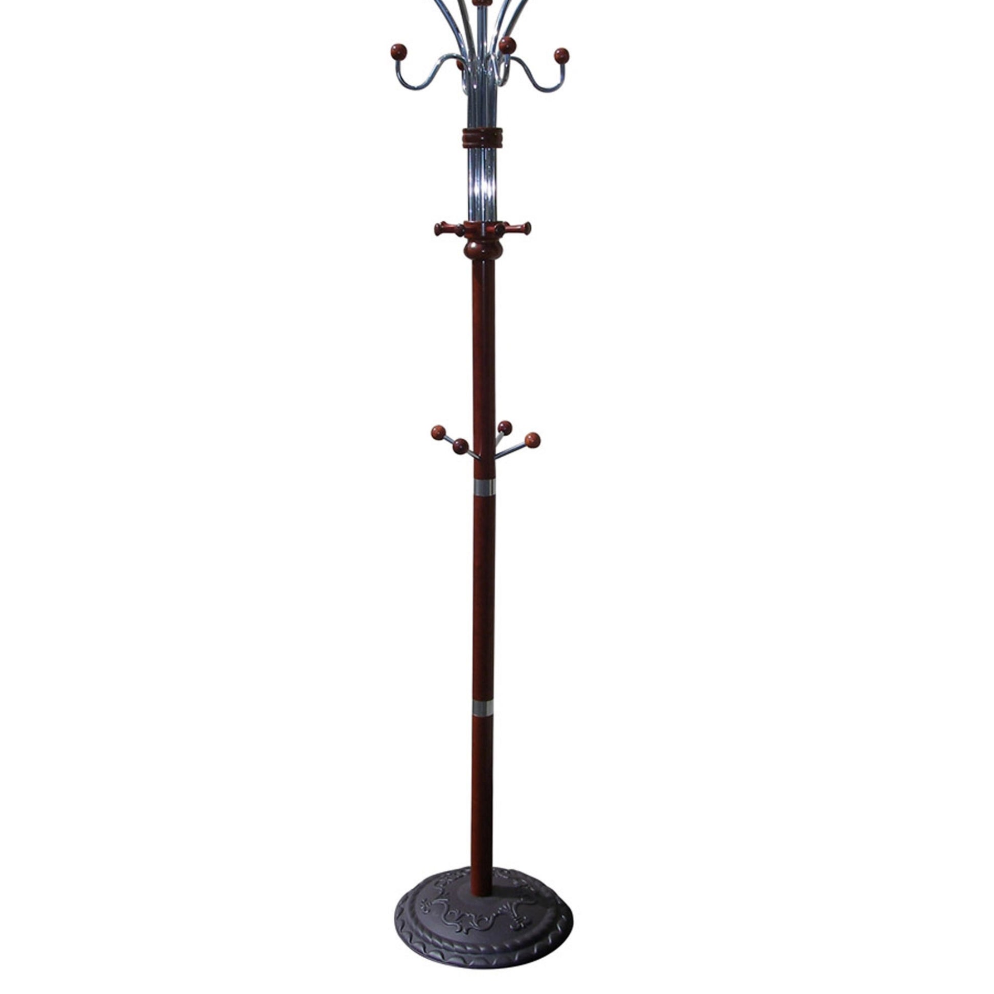 Cherry wood coat rack with chrome accents and multiple hooks
