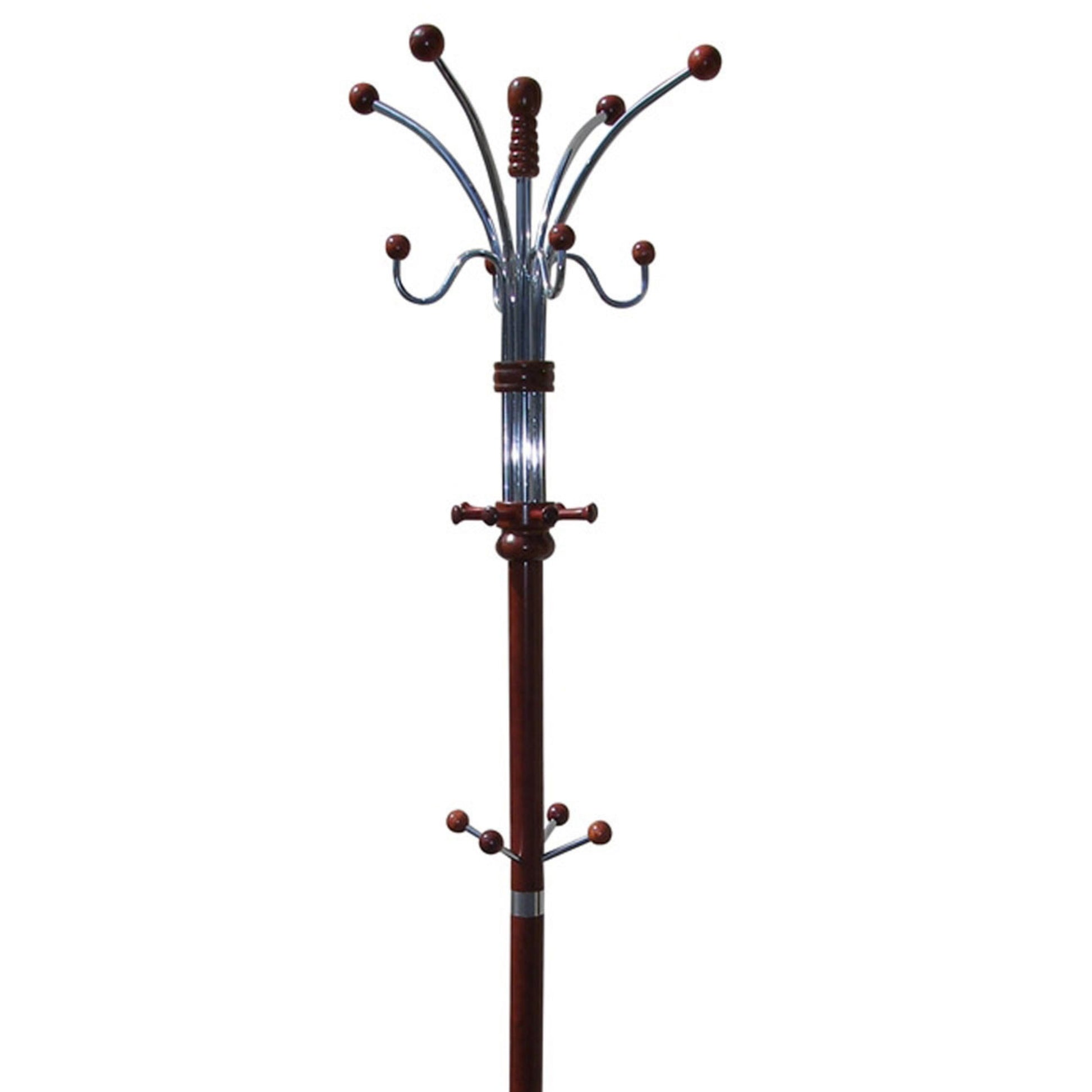 Dark wood and chrome coat rack with multiple hooks