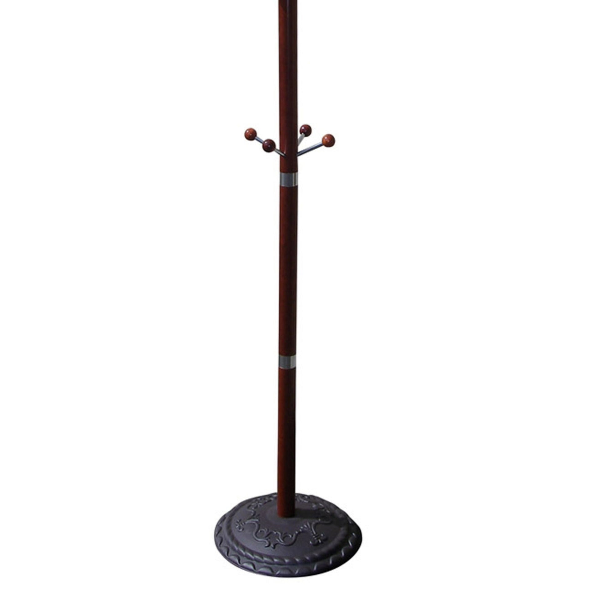 Dark wood coat rack with a round ornate base and balltipped hooks for hanging coats