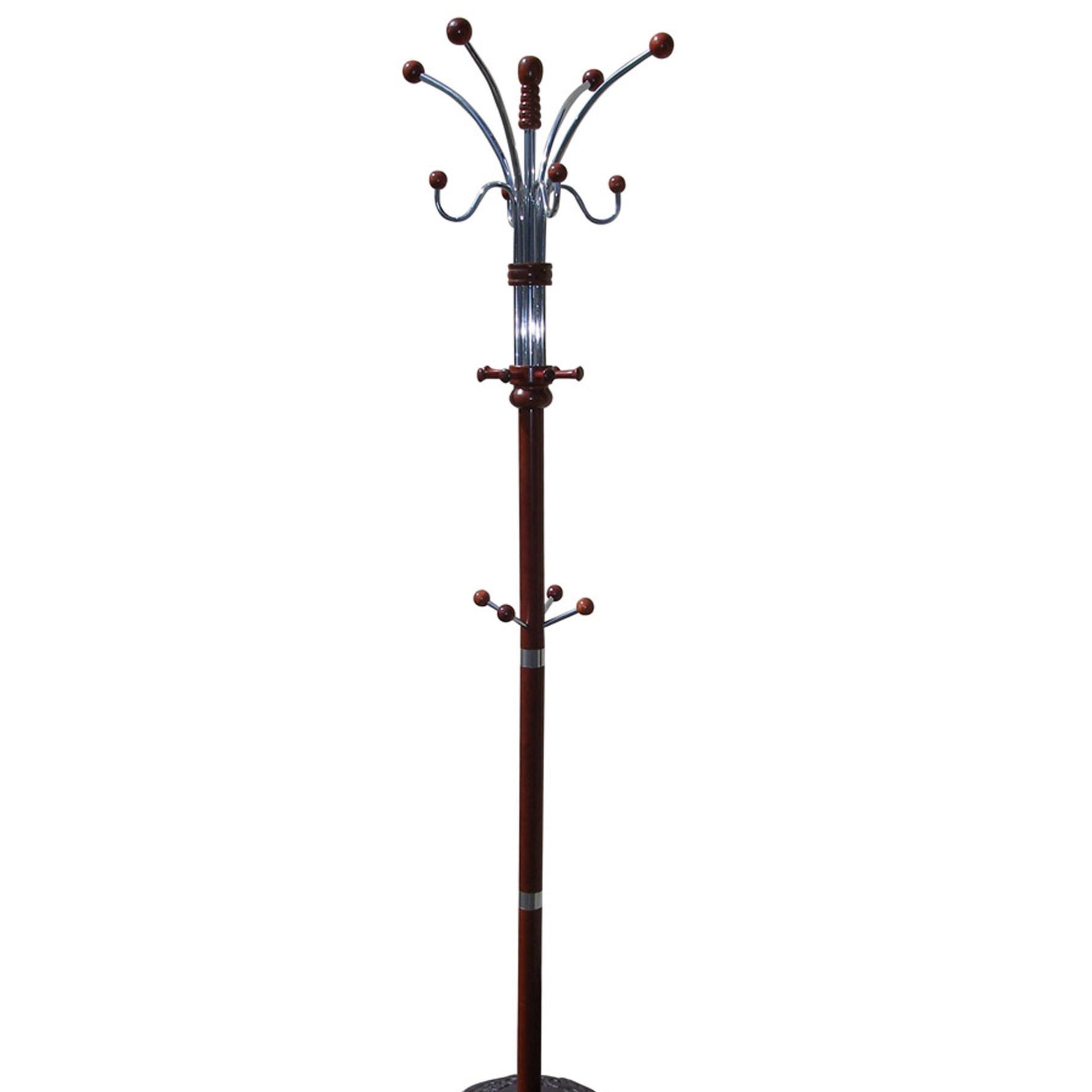 Elegant wooden coat rack with chrome accents and rounded hooks
