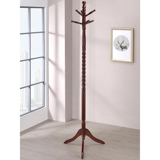 Dark wood hall tree with twisted pedestal and multiple hooks for coats and hats