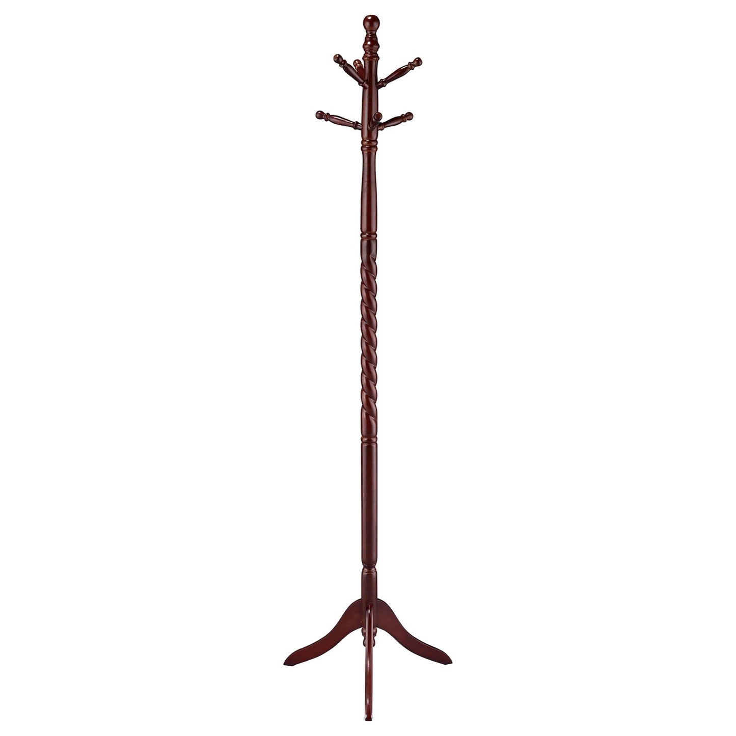 Dark brown wooden coat rack with twisted pedestal and  hooks
