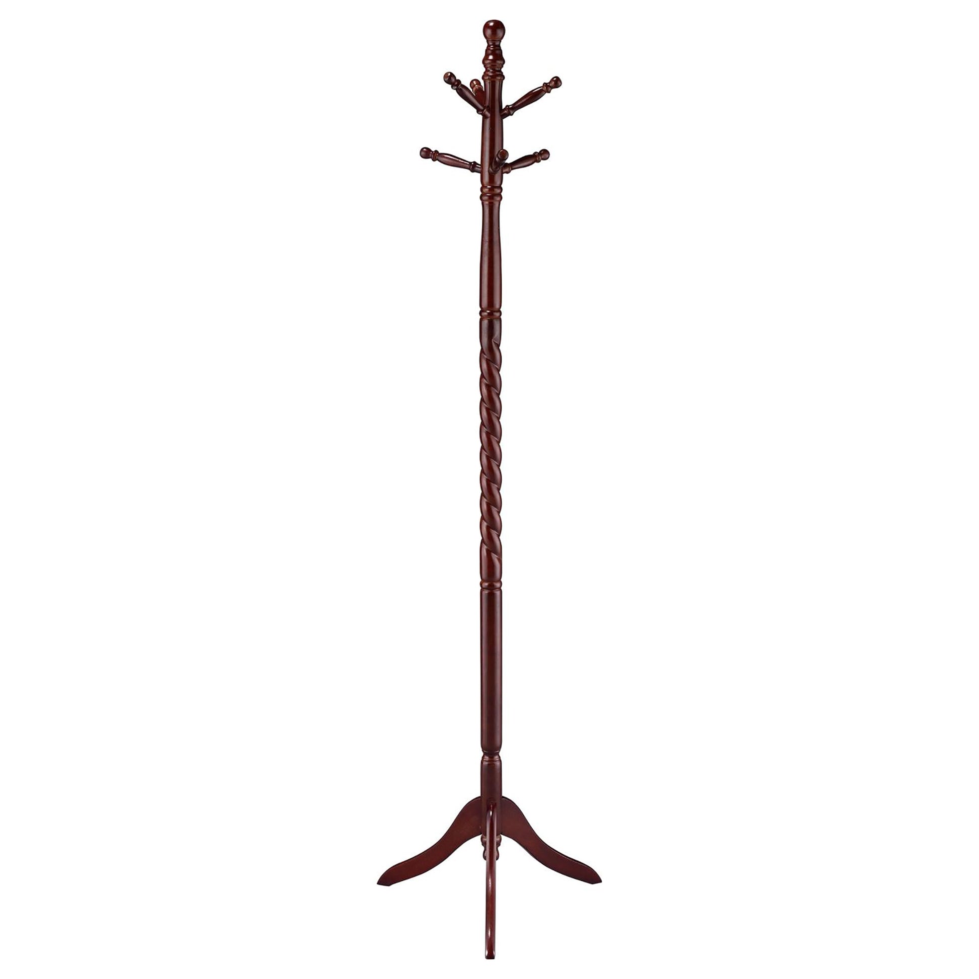 Dark brown wooden coat rack with twisted pedestal and  hooks