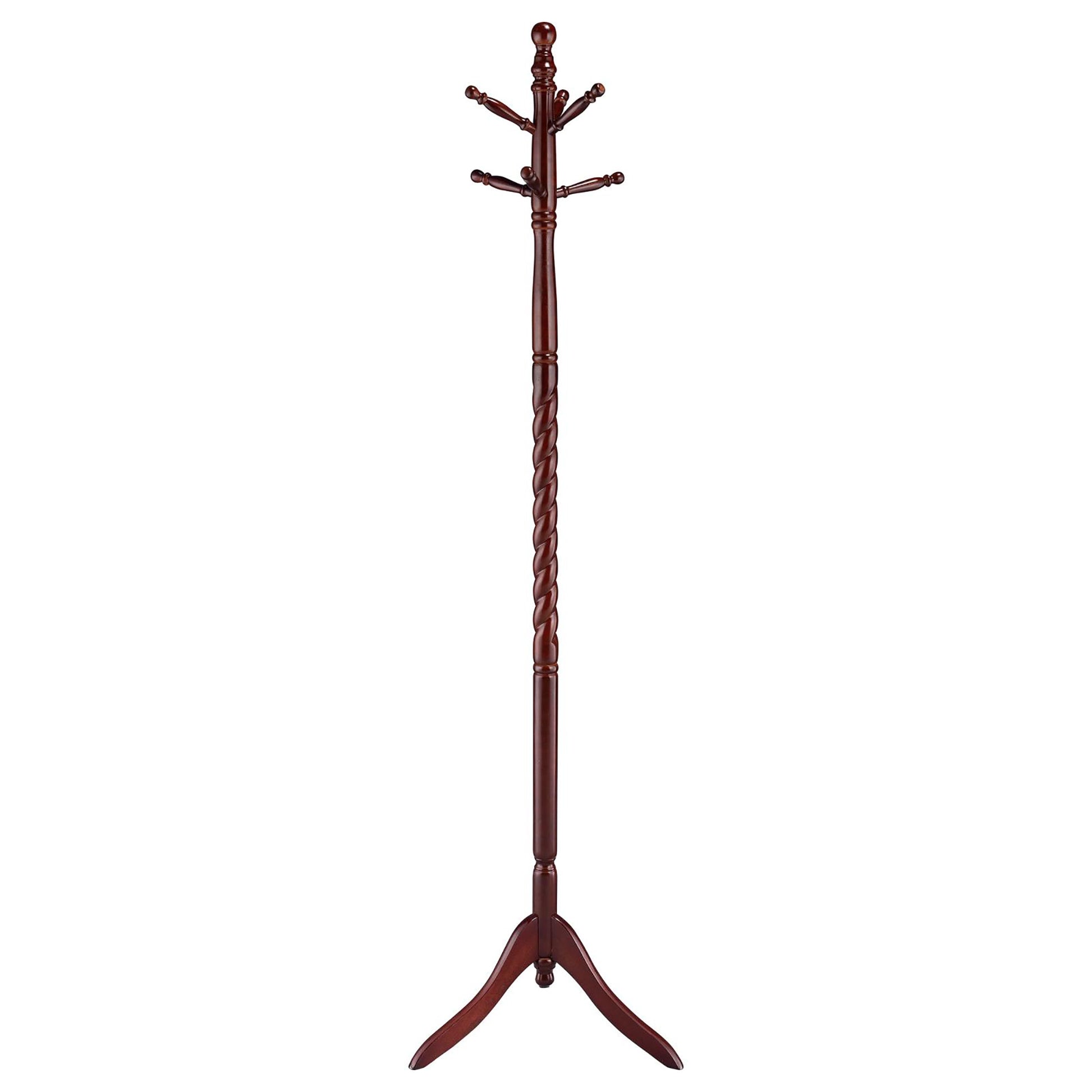 Dark brown wooden coat rack with multiple hooks and a twisted pole design