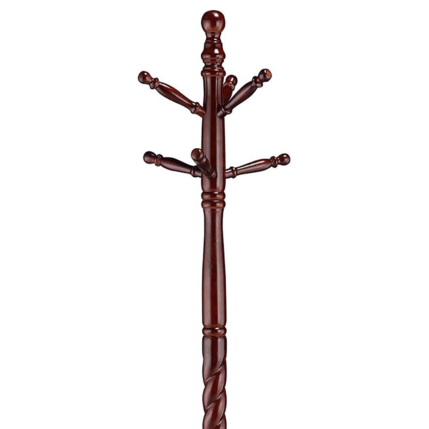 Dark brown wooden coat rack with multiple hooks and twisted base