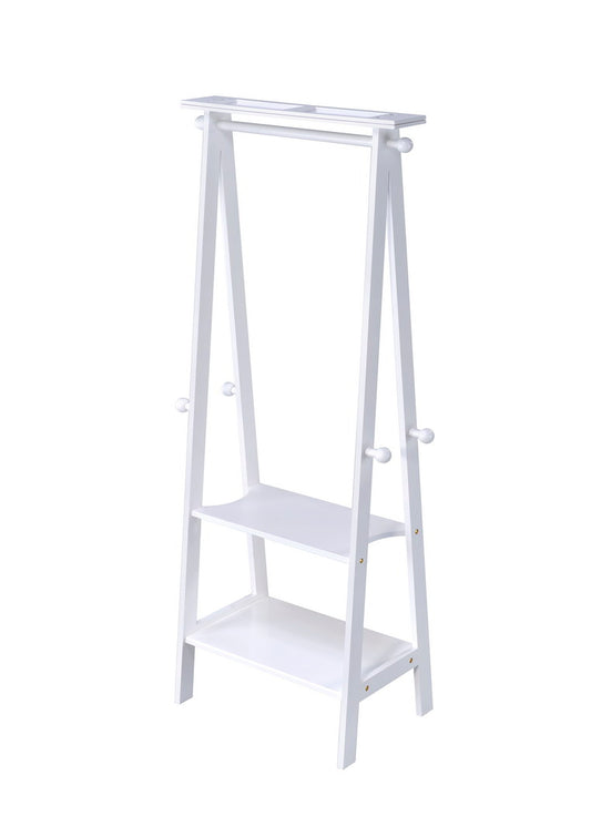 White wooden garment rack with hanging rail and two shelves