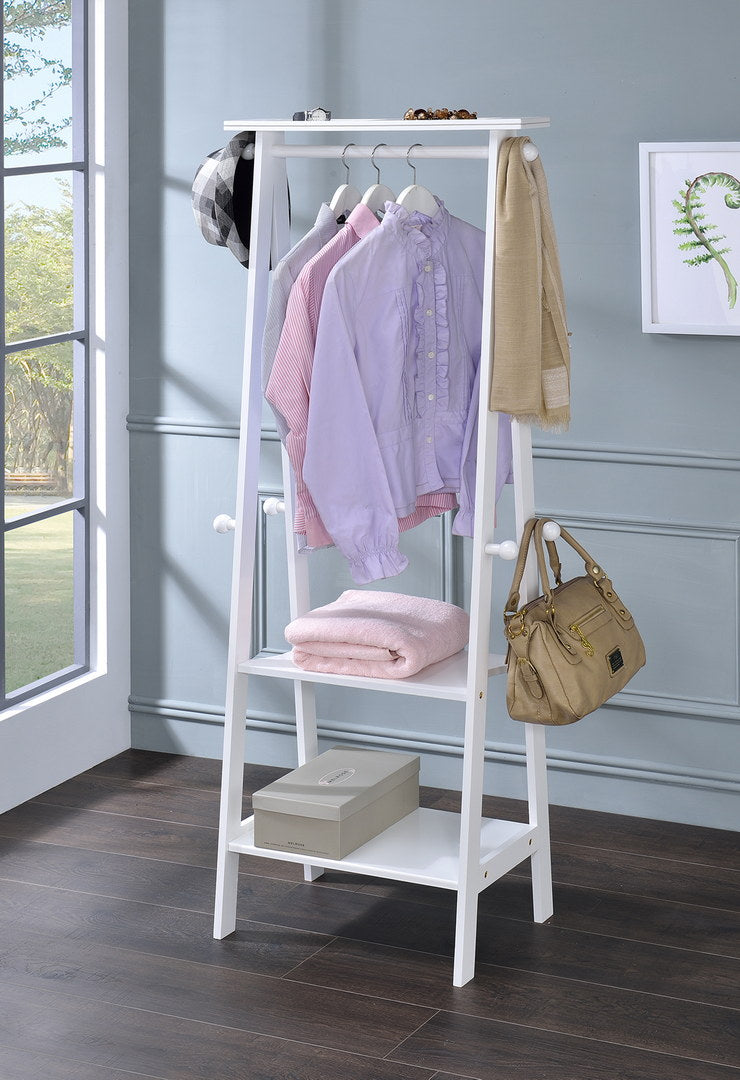 White ladder coat rack with clothes a bag and storage shelves