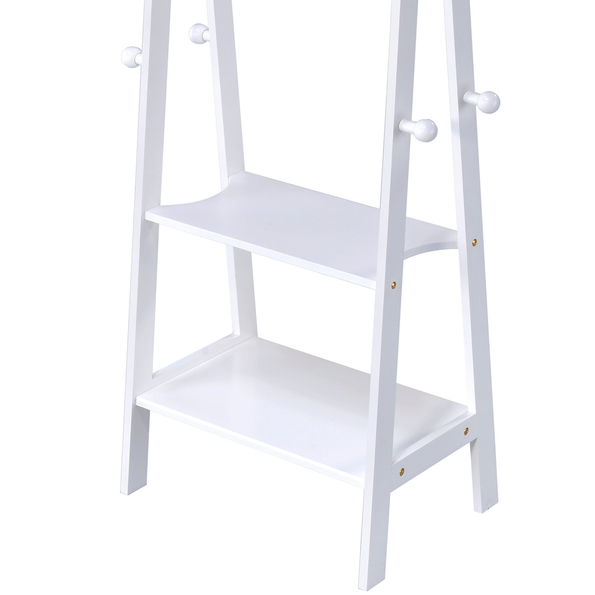 White wooden garment rack with two shelves and hanging pegs