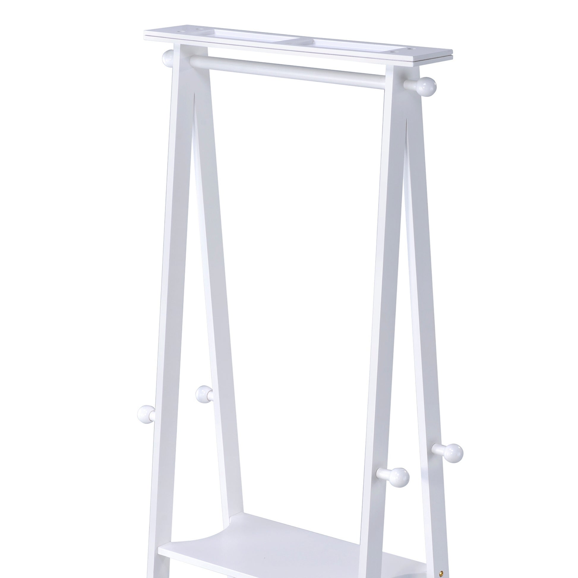 White wooden garment rack with shelf and coat hooks