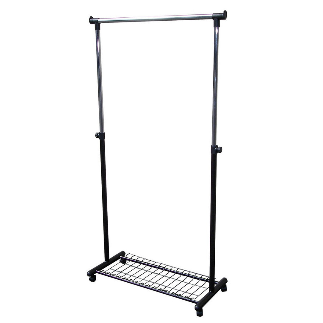 Adjustable garment rack with silver rail and black metal frame