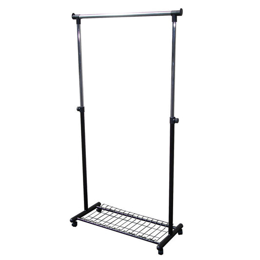 Adjustable garment rack with silver rail and black metal frame