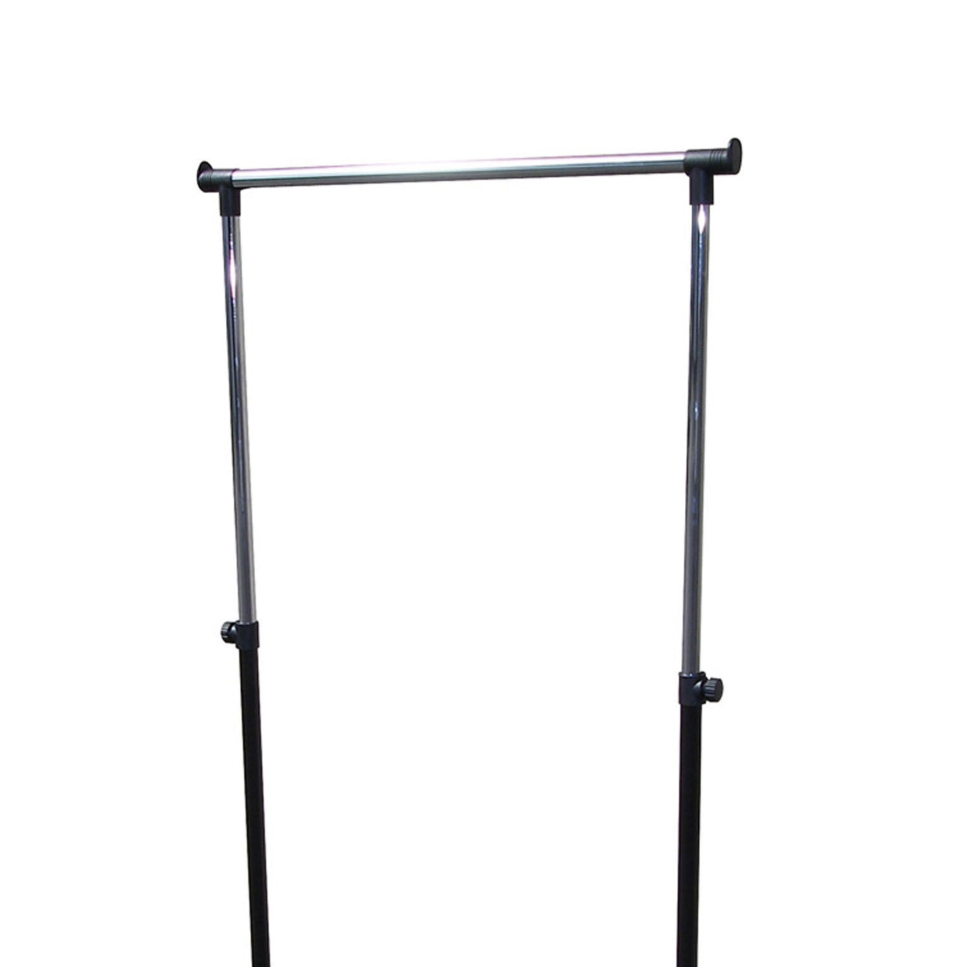 Adjustable garment rack with silver metal bar and black legs